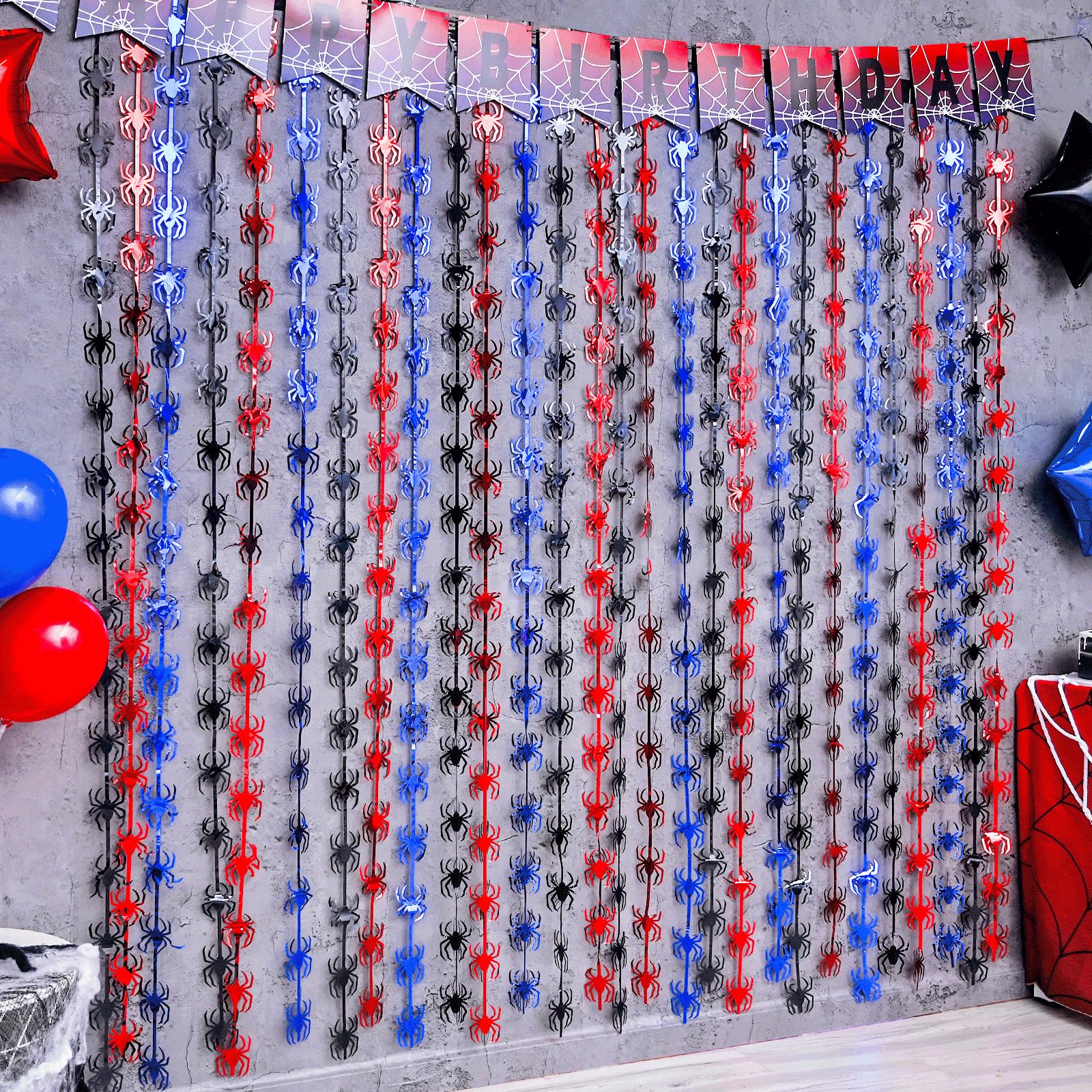 Bupelo Decoraciones de cumpleaños de telaraña, Paquete de 2 Unidades, Suministros de Fiesta de cumpleaños de araña roja, Negra y Azul, 1 x 2 m, Cortinas de Flecos de Papel de Aluminio de oropel para