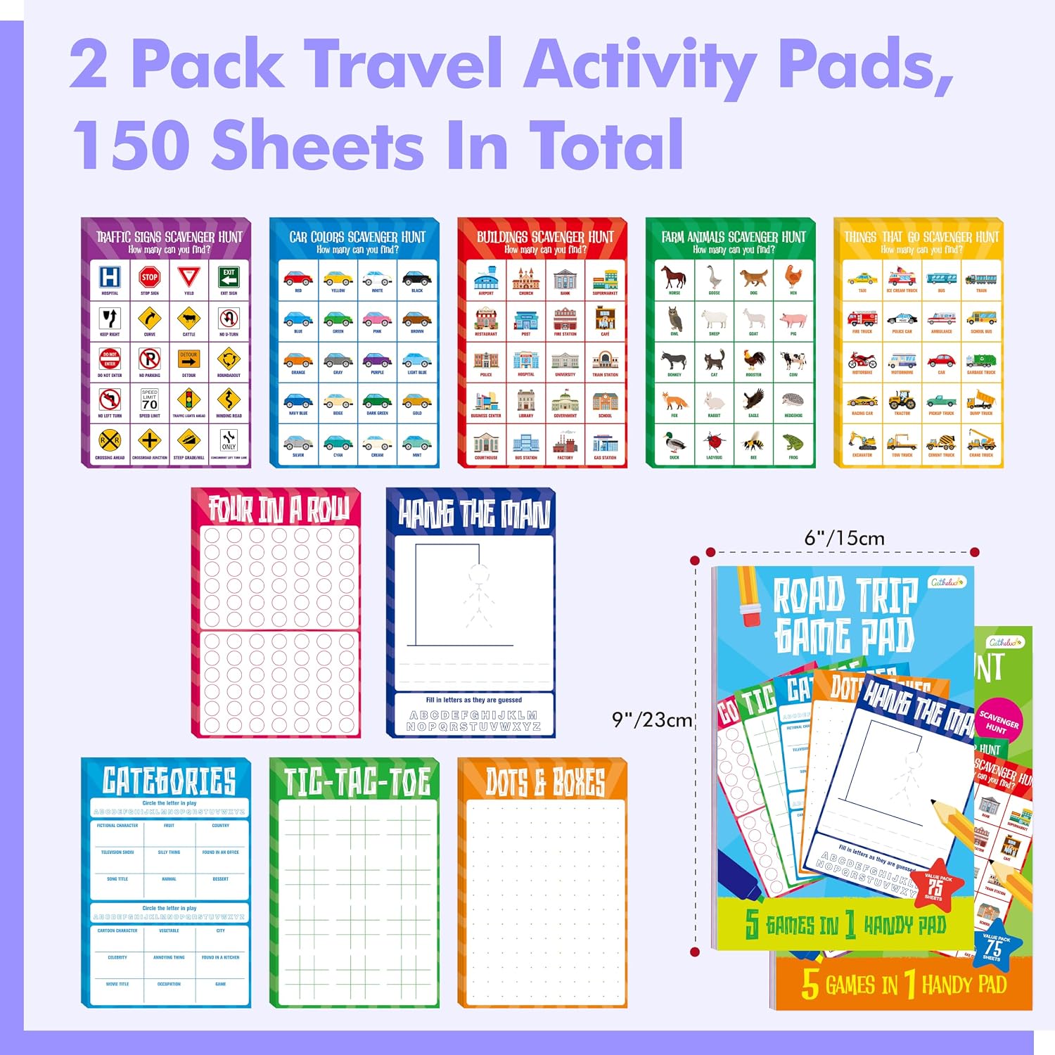 Gethelud 2 Pack Road Trip Game Pads, 10 Games (Categories, Dot & Boxes, Tic-tac-Toe, Scavenger Hunt Bingo), Pen Pencil Paper Game, Plane Trip/Car Travel/Getaway Activity Pad for Kid, Adult image 2