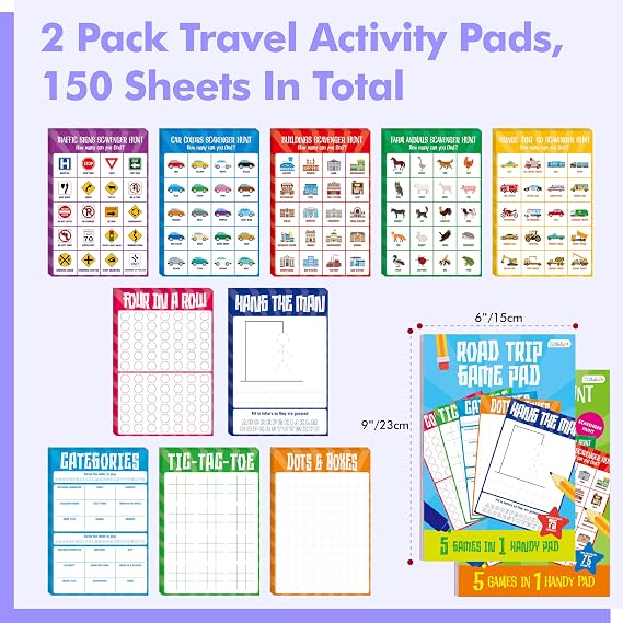 Gethelud 2 Pack Road Trip Game Pads, 10 Games (Categories, Dot & Boxes, Tic-tac-Toe, Scavenger Hunt Bingo), Pen Pencil Paper Game, Plane Trip/Car Travel/Getaway Activity Pad for Kid, Adult
