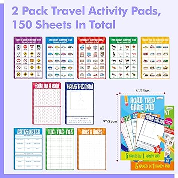 Gethelud 2 Pack Road Trip Game Pads, 10 Games (Categories, Dot & Boxes, Tic-tac-Toe, Scavenger Hunt Bingo), Pen Pencil Paper Game, Plane Trip/Car Travel/Getaway Activity Pad for Kid, Adult