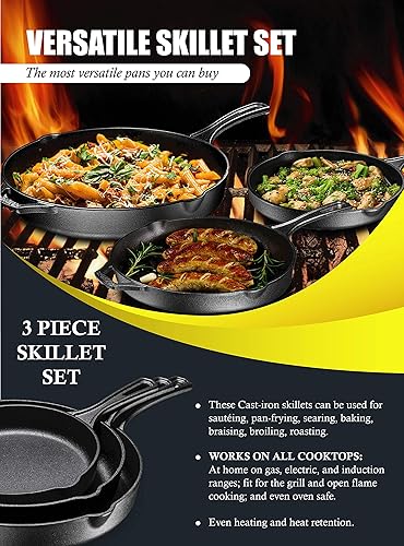 Miniatura 54 de Bruntmor Sartén de hierro fundido pre-sazonado rojo de 12 pulgadas, sartén de hierro fundido segura para horno de 12 pulgadas, juego de sartenes