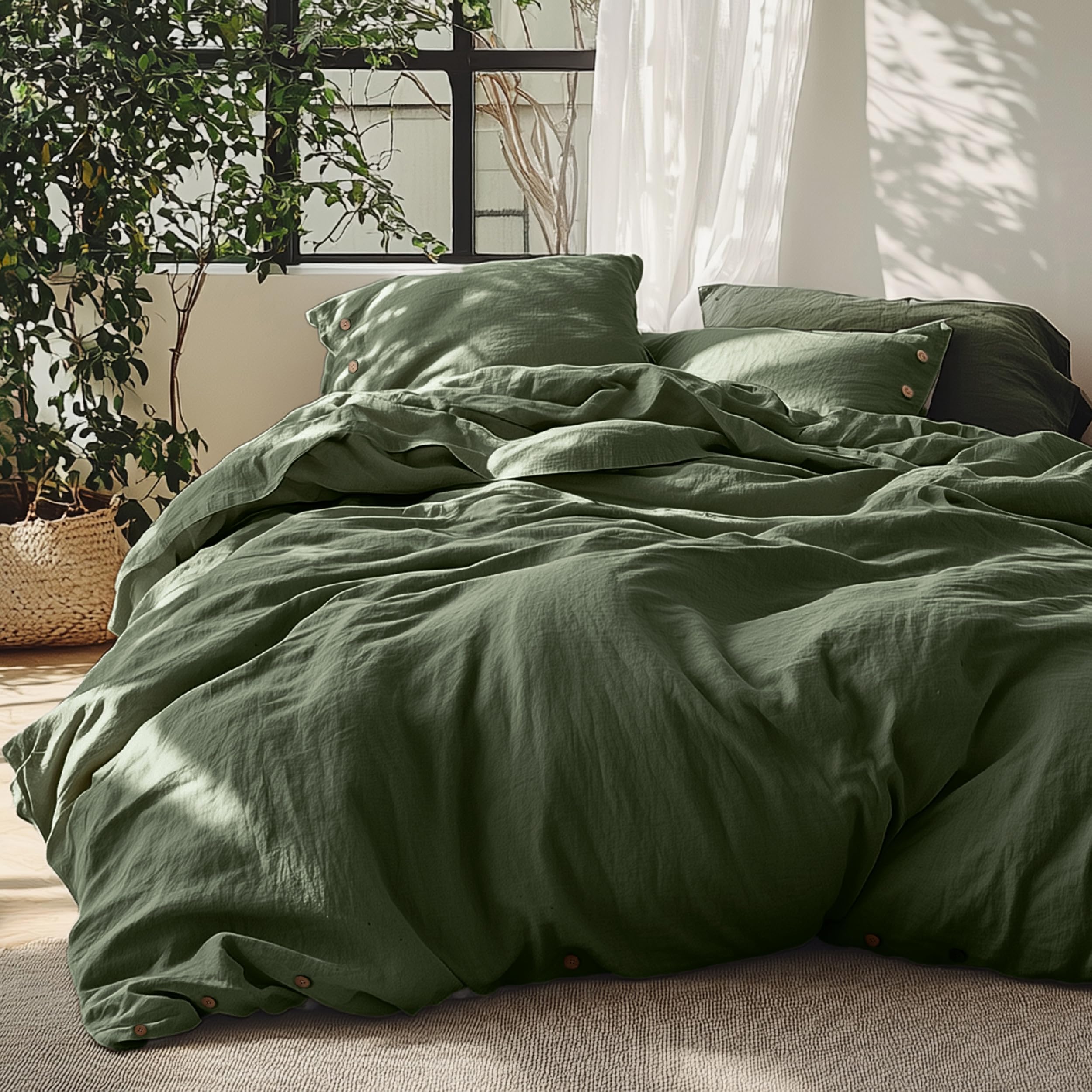 Bedsure Linen Duvet Cover Queen - Linen Cotton Blend Bedding Set, Soft & Cozy, 3 Pieces, 1 Duvet Cover 90x90 Inches and 2 Pillowcases, Olive Green