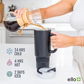 Ello Port 40 oz Tumbler with Carrying Loop & Built in Handle - Reusable Stainless Steel Water Bottle with Leak Proof Lid and Straw - Perfect for Iced Coffee and Tea