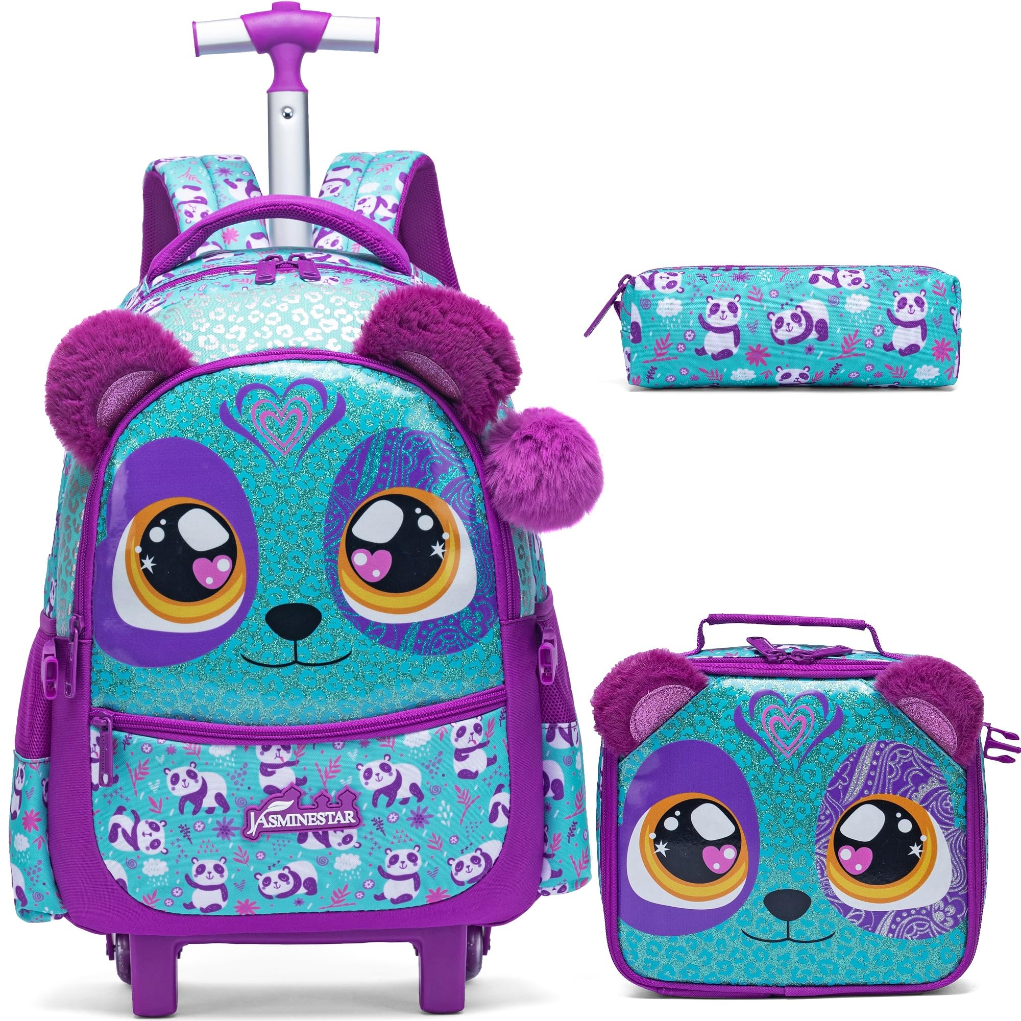 Meetbelify Rolling Backpack for Girls Backpacks with Wheels for Elementary Preschool Students Kids 3 in 1 Travel Luggage Carry on Suitcase with Lunch