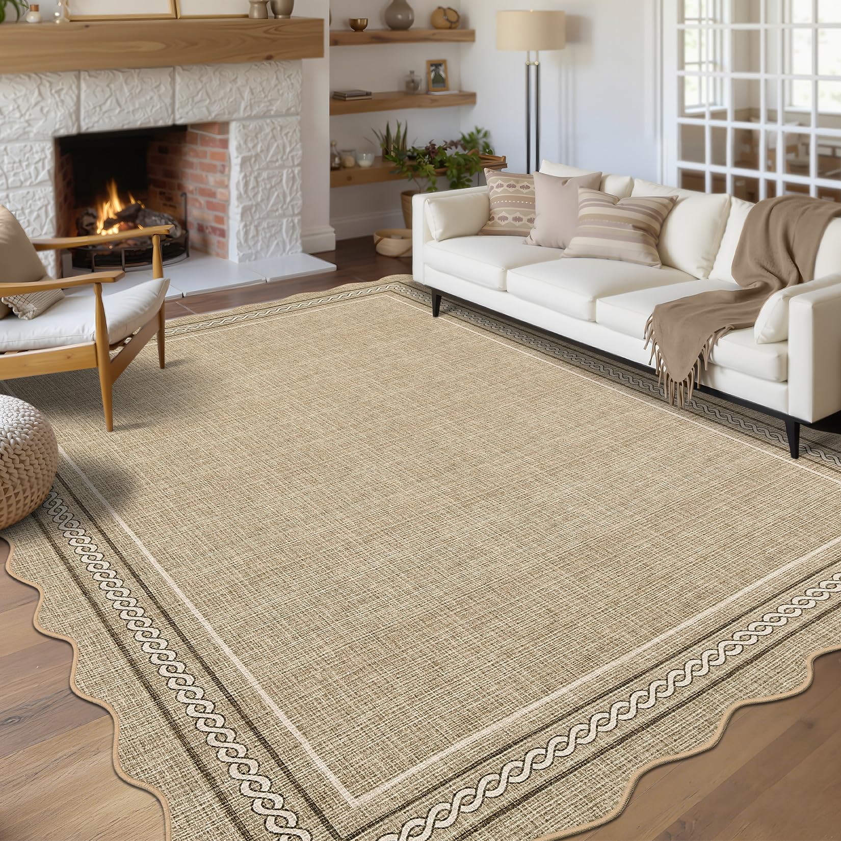 GarveeHome Scalloped Washable 5x7 Area Rugs for Living Room, Non Slip Jute Printed Rug Soft Non Shedding Bedroom Rugs Foldable Low Pile Stain