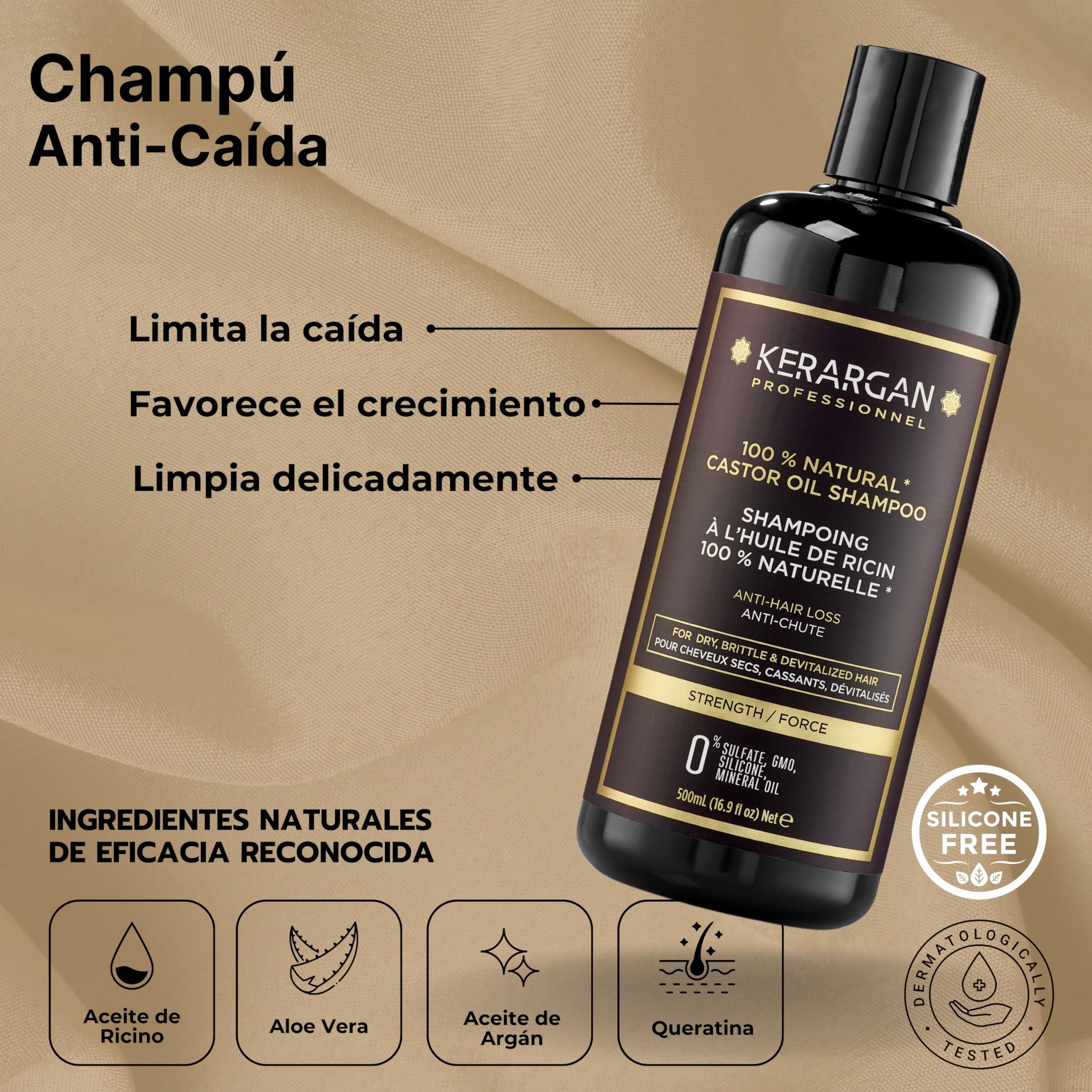 Kerargan - Conjunto Anti-Caída Champú, Acondicionador, Mascarilla, Sérum & Leave-In con Aceite de Ricino para Cabello Dañado - Cuidado Intensivo Crecimiento -Sin Sulfatos,Silicona-3x500ml+100ml+350ml | Champú, acondicionador, mascarilla, sérum y cuidado s
