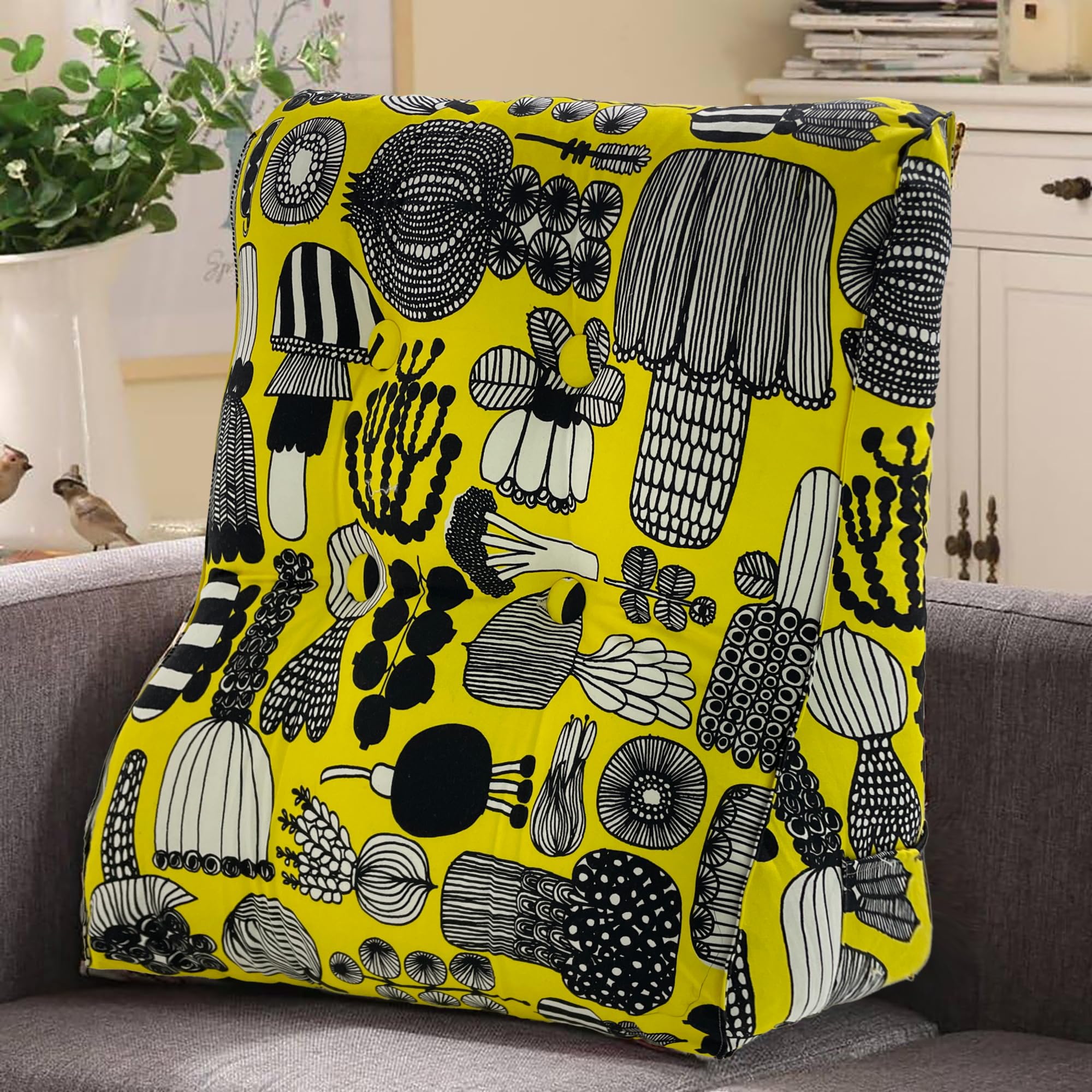 WOWMAX Curve Reading Pillow for Bed Adult, Heighten Back Pillow for Sitting in Bed, Back Support Pillow, Chair Pillow for Back Support, 100% Cotton Removable Cover, Yellow