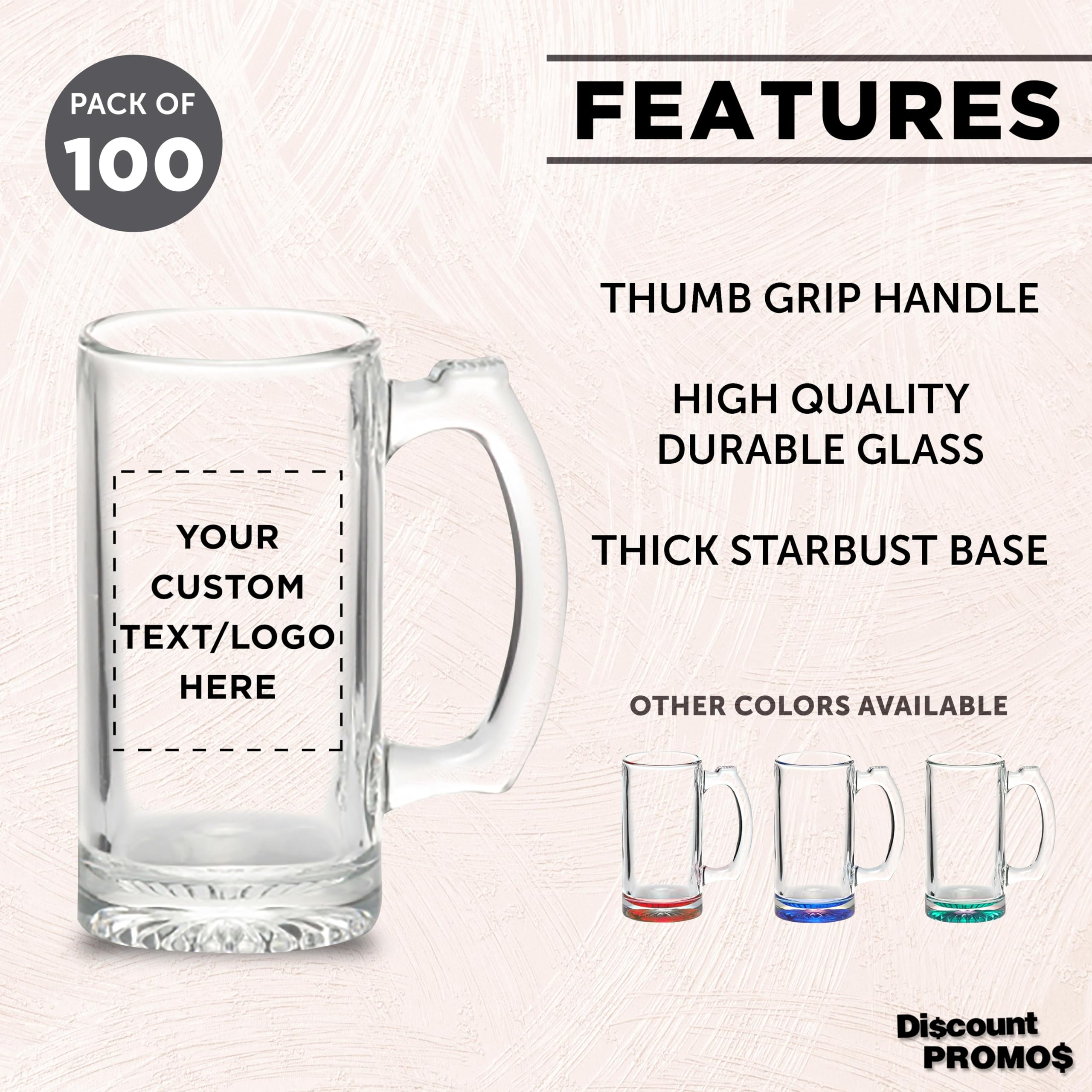 100 Libbey Beer Mugs Set, 12 oz. - Customizable Text, Logo - Groomsmen Glassware - Clear