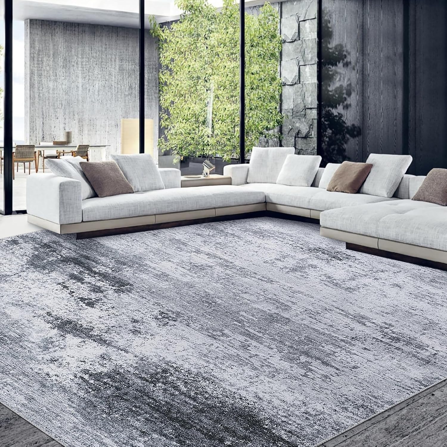 HOMBYS 9x12 Modern Area Rug for Living Room Bedroom, Large Boho Floor Carpet with Non-Slip Backing for Indoor Office Dining Room, Abstract Home Deco Non-Shedding, Blue, Machine Washable 9 x 12 ft Dark Grey