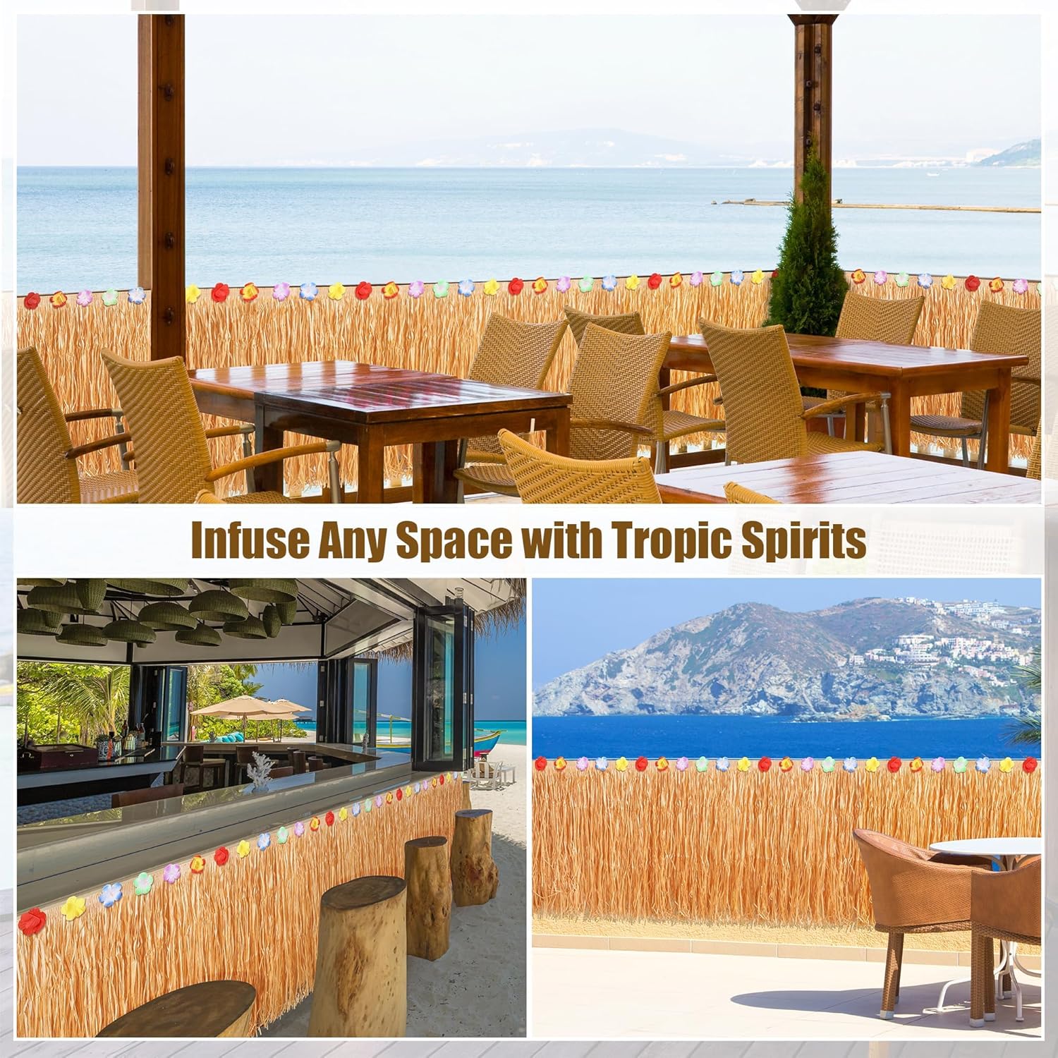 Fovths 4 Pieces Luau Grass Table Skirt Each 36 feet x 29.5 inch Fringe Banner Grass Skirt Natural Hawaiian Straw Grass Decor for Tiki Bar Roof Summer Beach Tropical Party Decorations, Dark Yellow