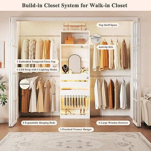 Miniatura 2 de Sistema de armario, organizador de armario de 4 a 8 pies con 3 cajones de madera y parte superior de cristal, armario de 102 pulgadas con 5 varillas