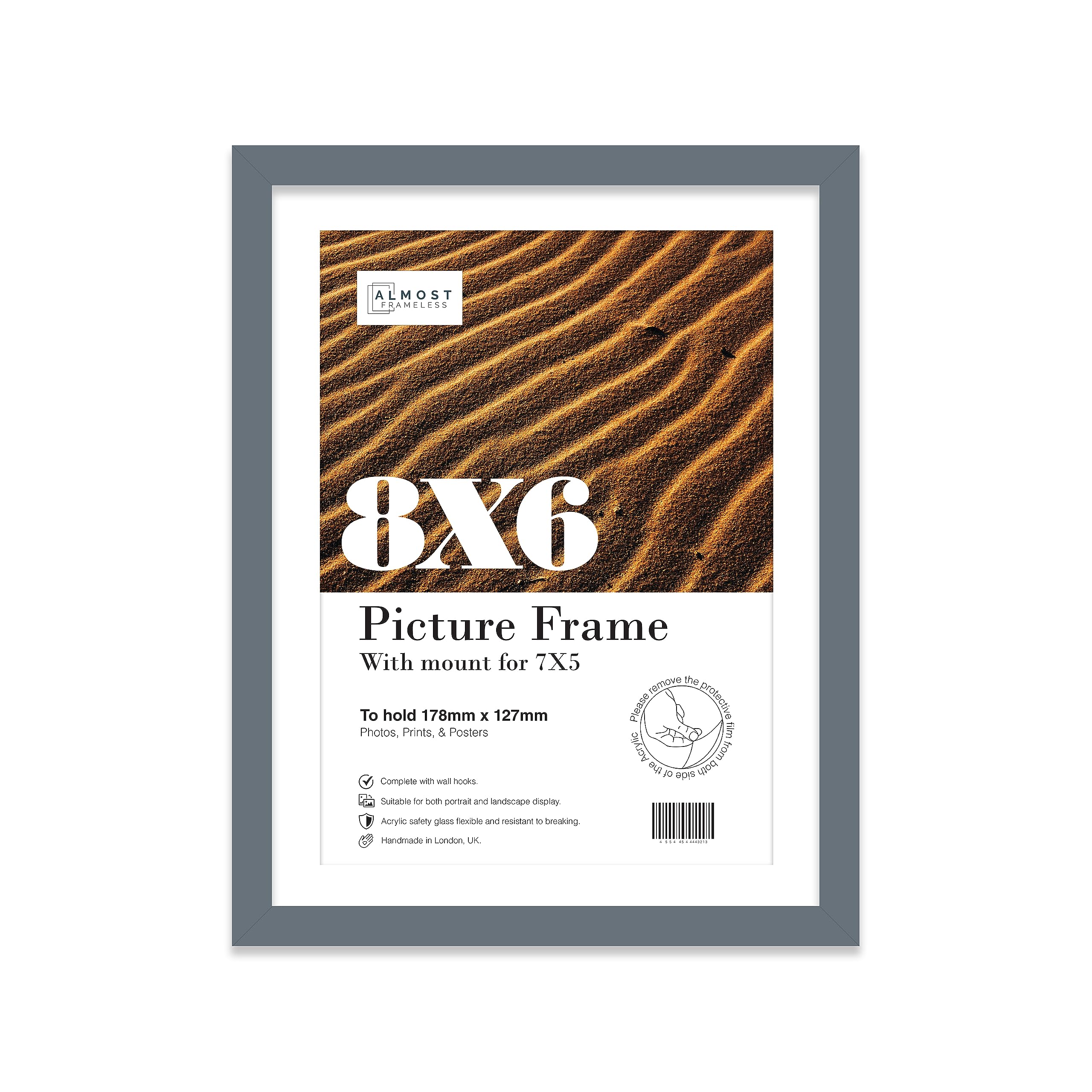 Almost Frameless 8x6 Grey Picture Frame With Mount for 7x5 Print, Poster or Photo Poster, Photo, Artwork, or Print. Thin Edge Slim Frame Portrait and Landscape Display with Wall Hooks