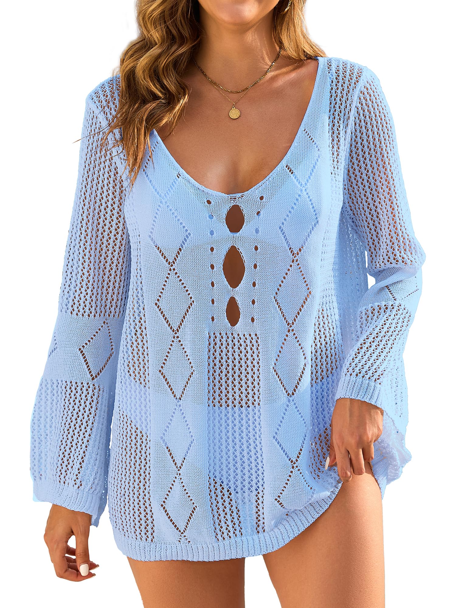 Womens Summer Crochet Swimsuit Coverup Sexy Crew Neck Long Sleeve Mesh Knit Bikini Cover Ups Beach Dresses 2025