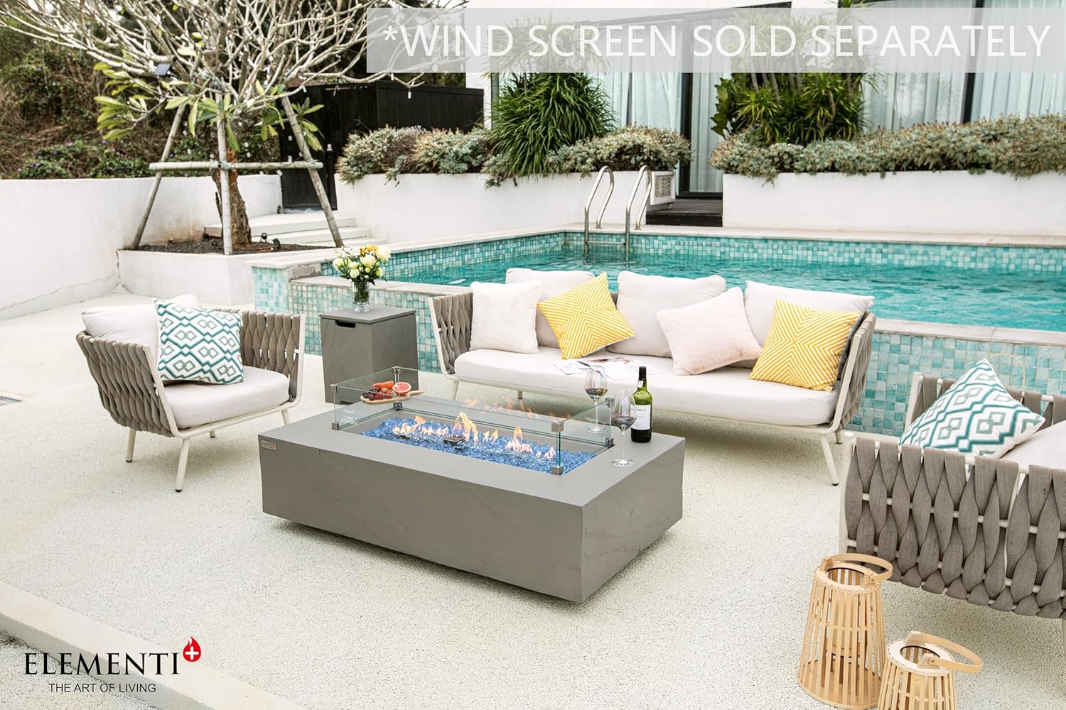 Fire Pit ELEMENTI FIRE Colorado Sandstone Fire Table, Concrete Spraying Process, 56"x32"x15", Sky Gray Honed & Sandstone, Outdoor Patio Fire Table - Natural Gas