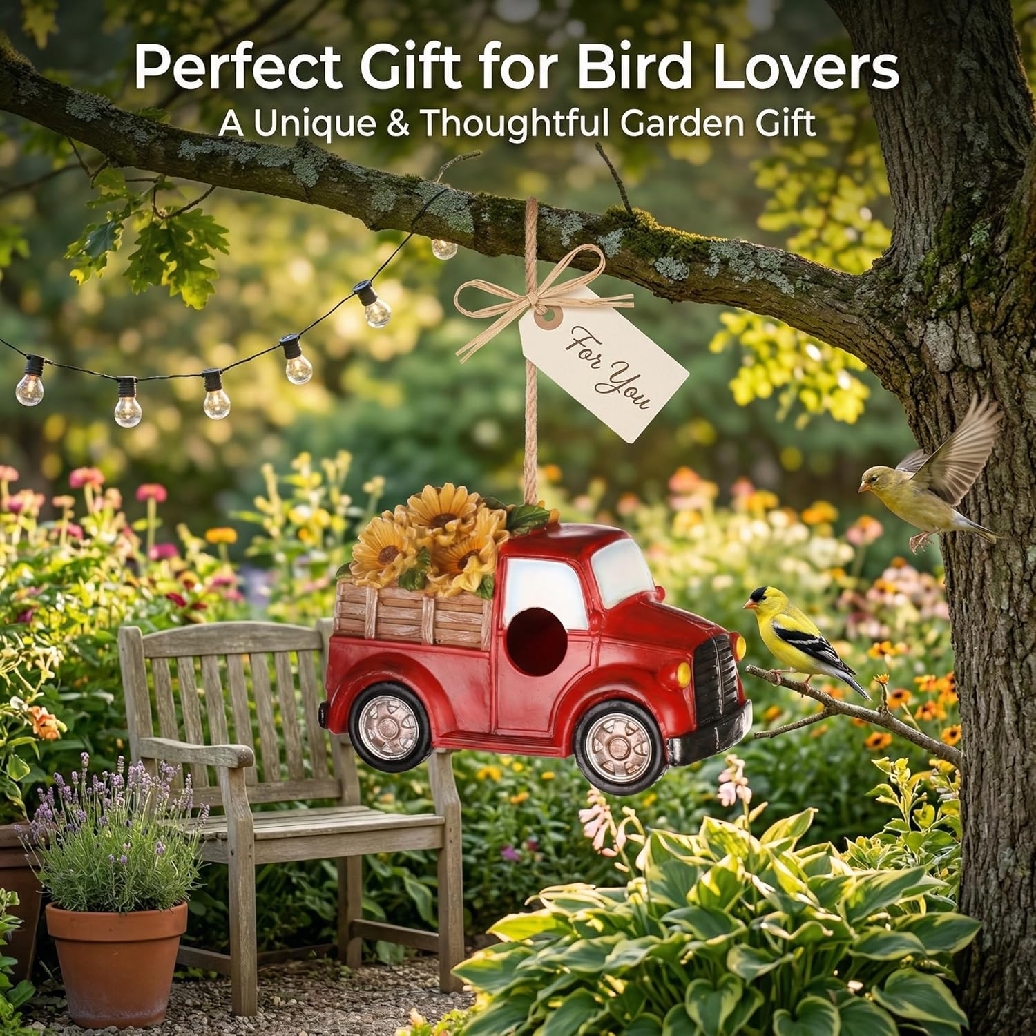 Polystone Resin Bird House Outdoor Garden Bird House, Red Truck with Flowers