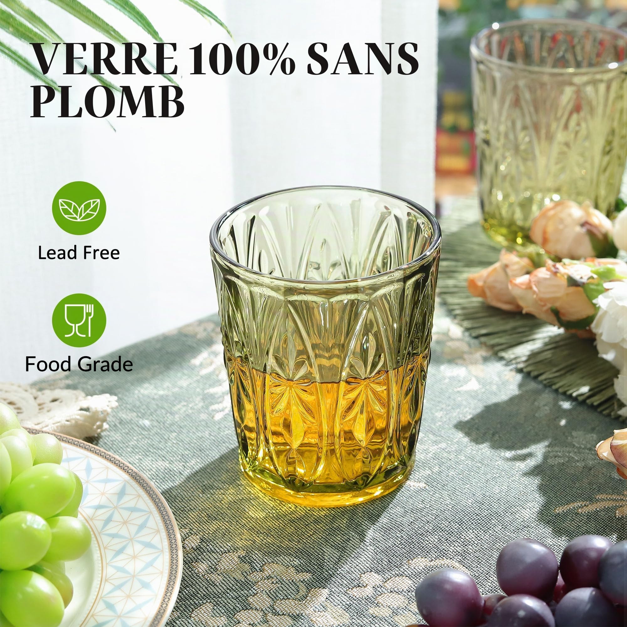Joeyan Lot de 6 Verres à Eau Vert, 320ml Verres à Jus et Soda, Moderne Verres à Boire Décoré en Géométrique Relief, Verre de Table Pour Eau Gazeuse Orangeade Apéritif et Bière, Lavable Lave-Vaisselle | Verres à Jus et Soda, Moderne Verre de Table Décoré e