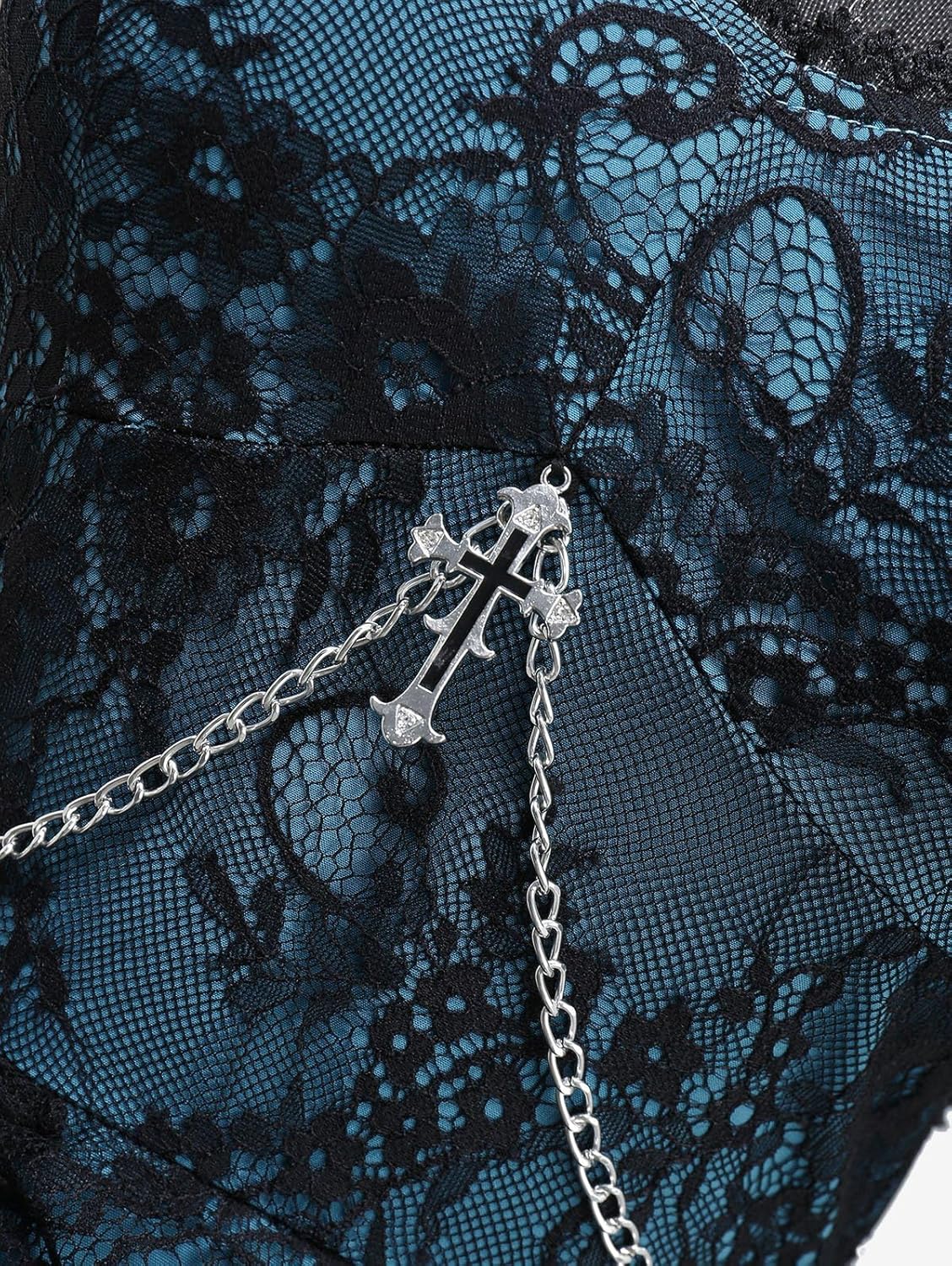 Gothic Victorian Lorita Floral Lace Overlay Cross Chain Ruffles Layered A Line Goth Vintage Dress - Image 4