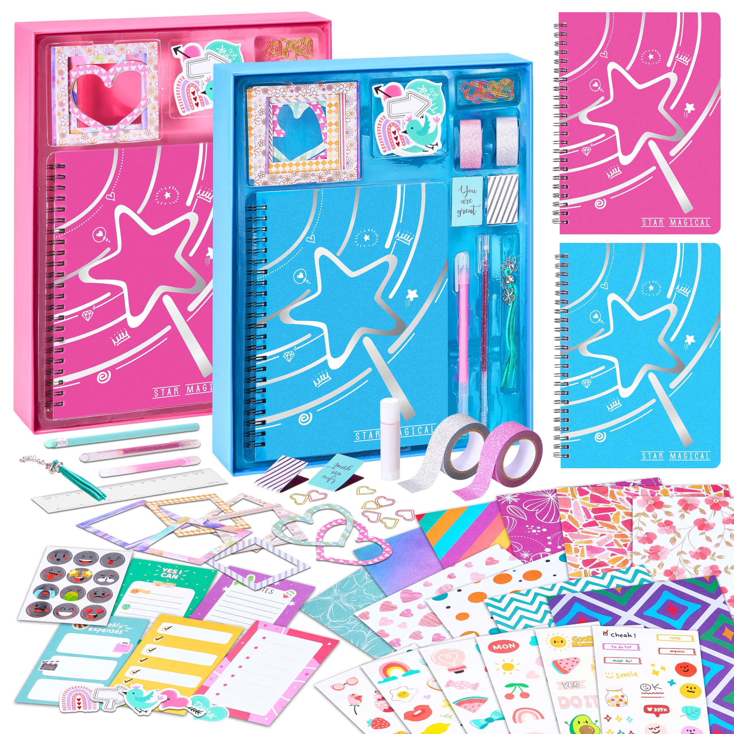 VigorFun 2 Pack DIY Journal Kit for Girls Ages 8-12, Gifts for Teen Girls - Share Scrapbook & Diary Supplies Set with Friends, Journaling Art and Crafts Kit (Pink+Blue)