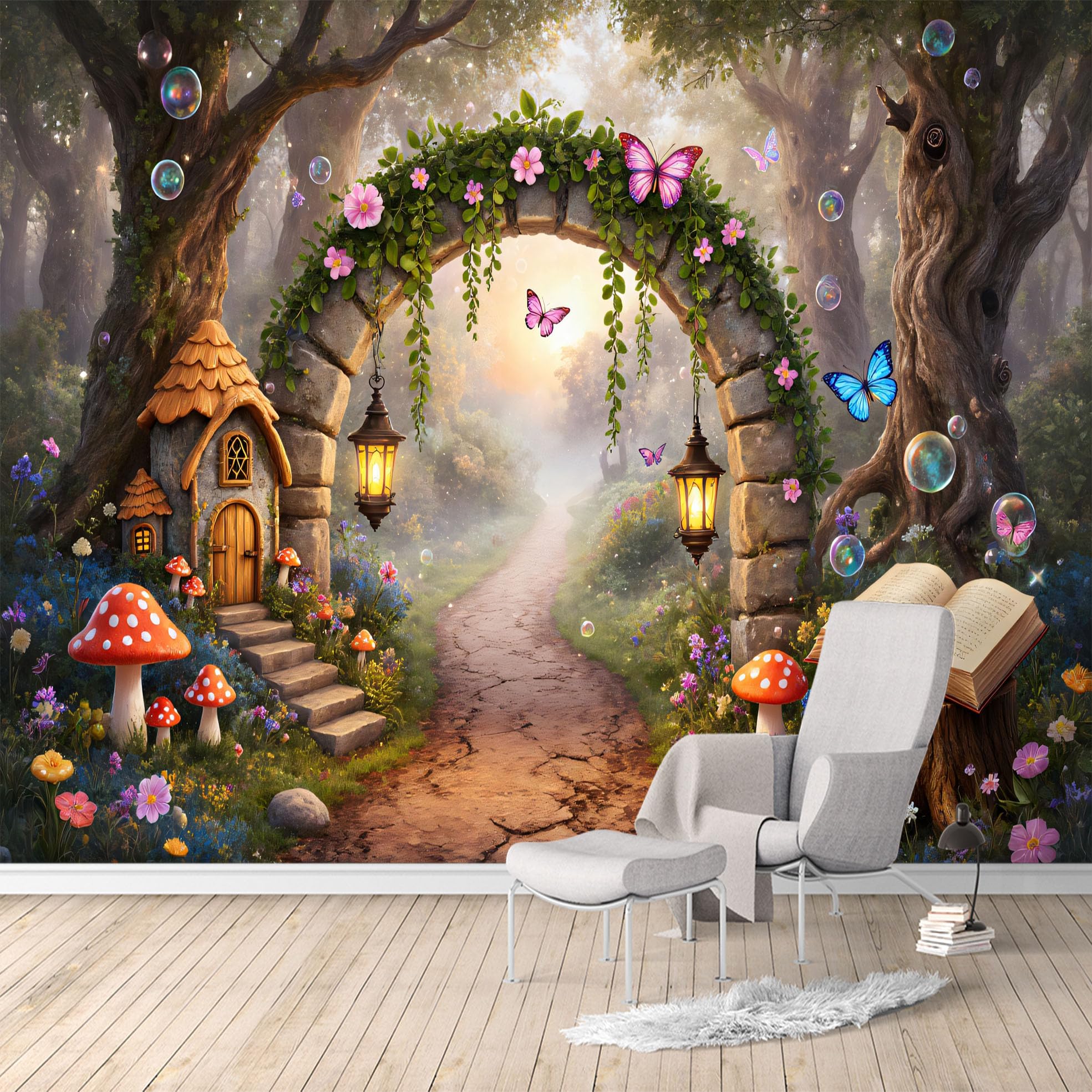 Custom Size Wall Murals, Enchanted Forest Path Fairy House Butterflies Lanterns, Removable Self Adhesive Large Wallpaper Mural for Living Room Bedroom Office Home Decor