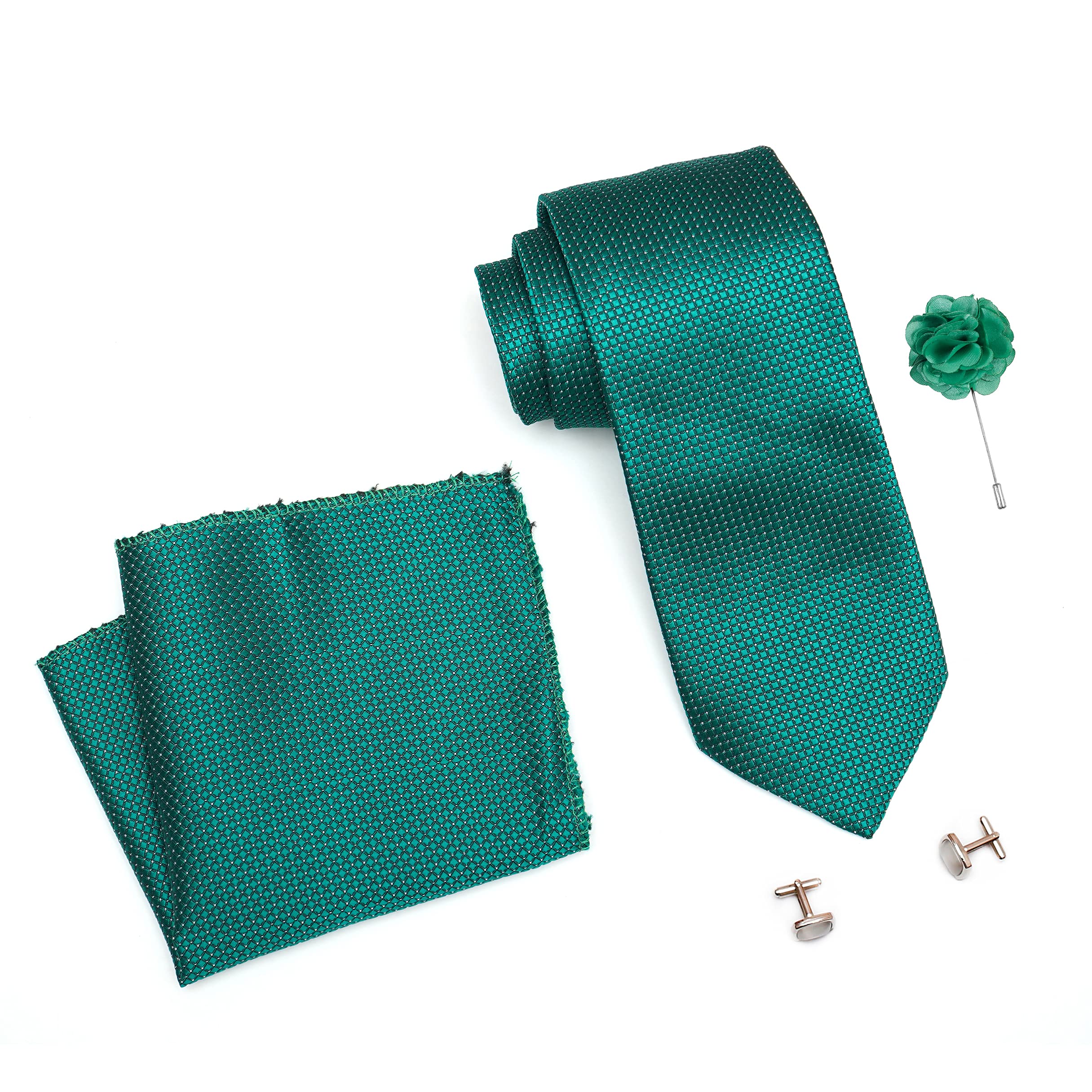RIZOROTie for Men – Dotted Silk Neck Ties Set with Cufflinks Flower Pin, Pocket Square & Black Gift Box, Combo Necktie Sets for Office Wear, Formal Suits & Weddings (Green, A10GNRX)