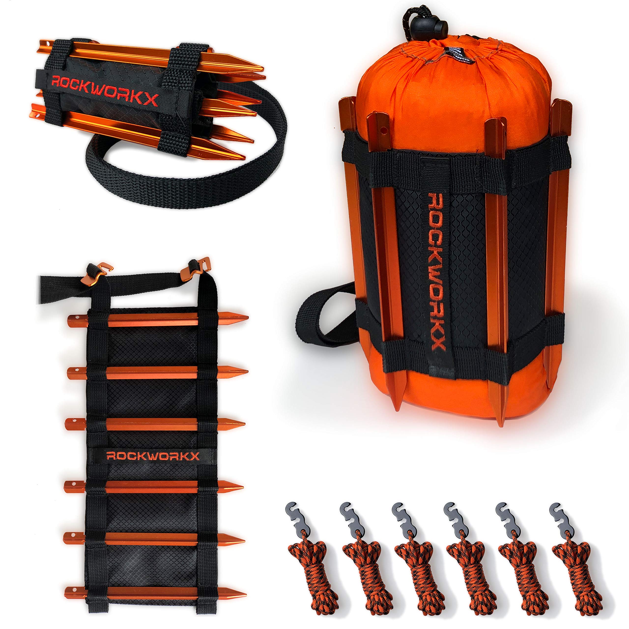 ROCKWORKX USA Tent Stakes Kit, Heavy-Duty Aluminum Metal Ground Pegs, Compression Travel Bag, 6 Tent Pegs & Line Adjusters for Camping Tarps & Hammocks, Lightweight, Hammock Not Included.