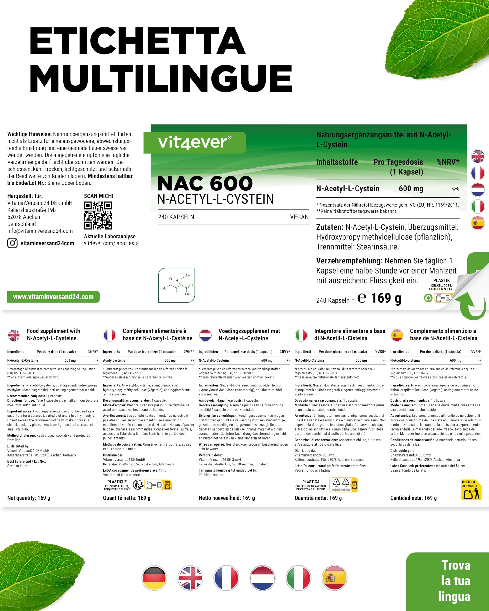 vit4ever NAC - N-Acetil L-Cisteina 240 capsule da 600 mg ciascuna - Scorta per 8 mesi - Senza additivi inutili - Vegano - Alto dosaggio - Qualità premium