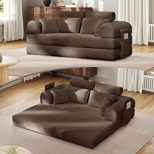 Miniatura 22 de Sofá cama convertible con 2 almohadas, futón de pana moderna, sofá modular con cama extraíble, sofá biplaza para sala de estar, apartamento de