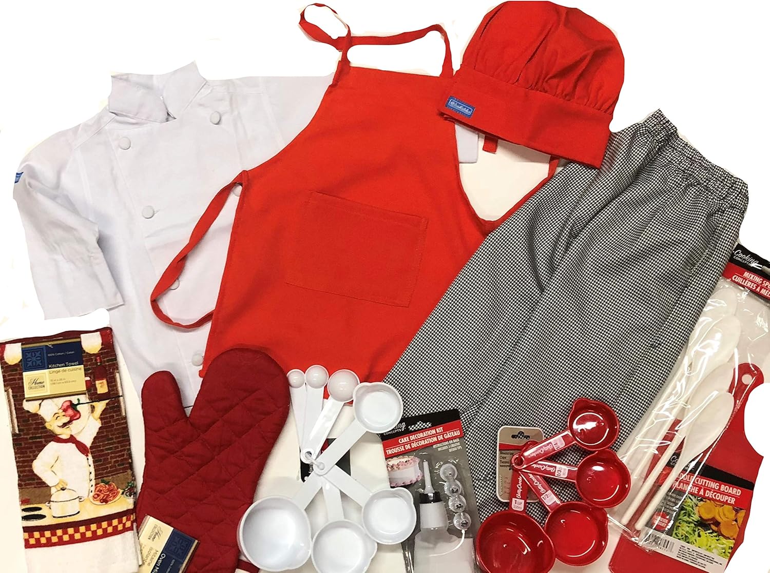 CHEFSKIN Kids Children Chef Set: Jacket Apron HAT Pants Mitts Utensils Full Set Toddler (fits 12-36 Months) White