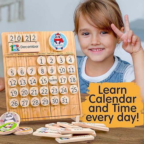 Miniatura 2 de Panda Brothers Calendario perpetuo de madera, juguete Montessori para niños, temporadas de aprendizaje, meses y días del año, calendario preescolar