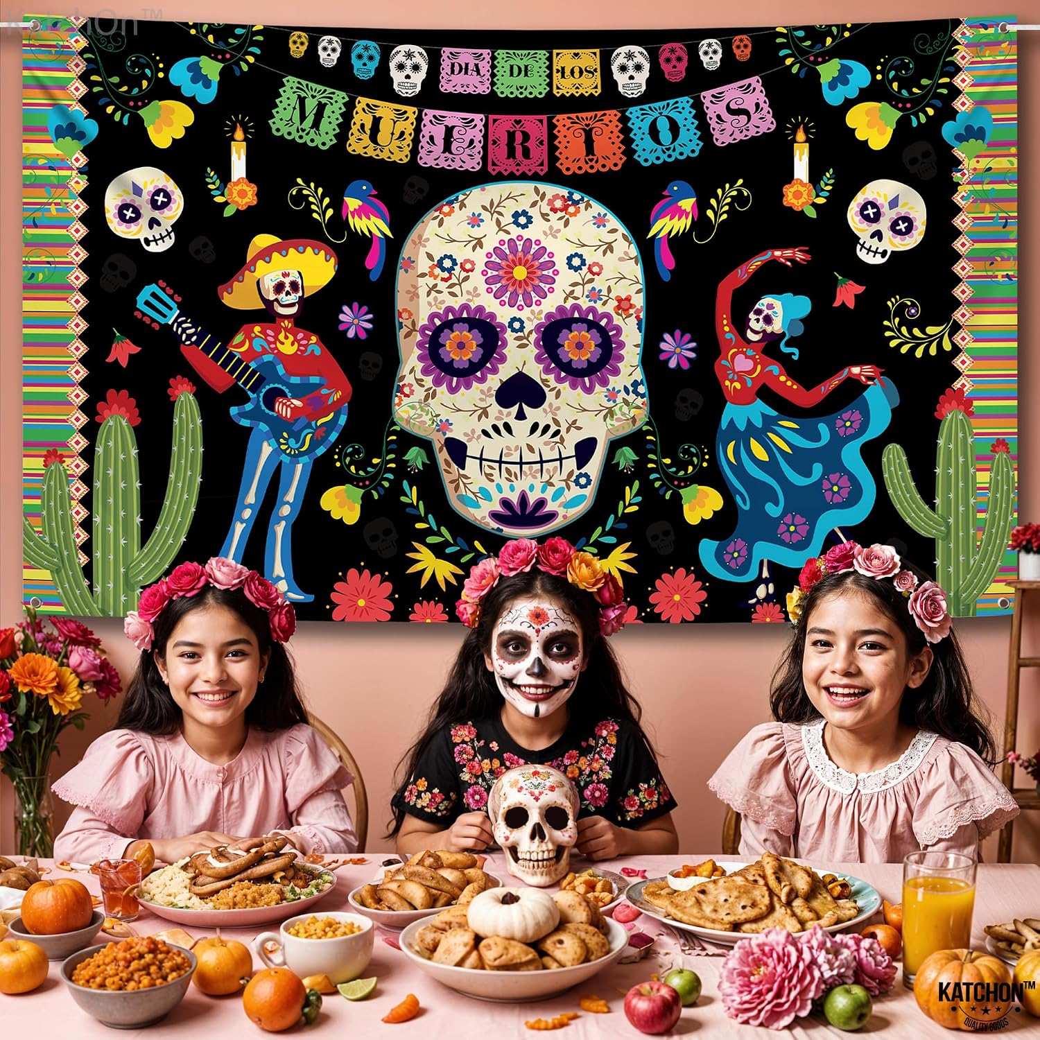 KatchOn, Day of the Dead Backdrop - XLarge, 72x44 Inch | Mexican Halloween Banner for Day of the Dead Decorations | Dia De Los Muertos Backdrop, Dia De Los Muertos Decorations, Halloween Decorations