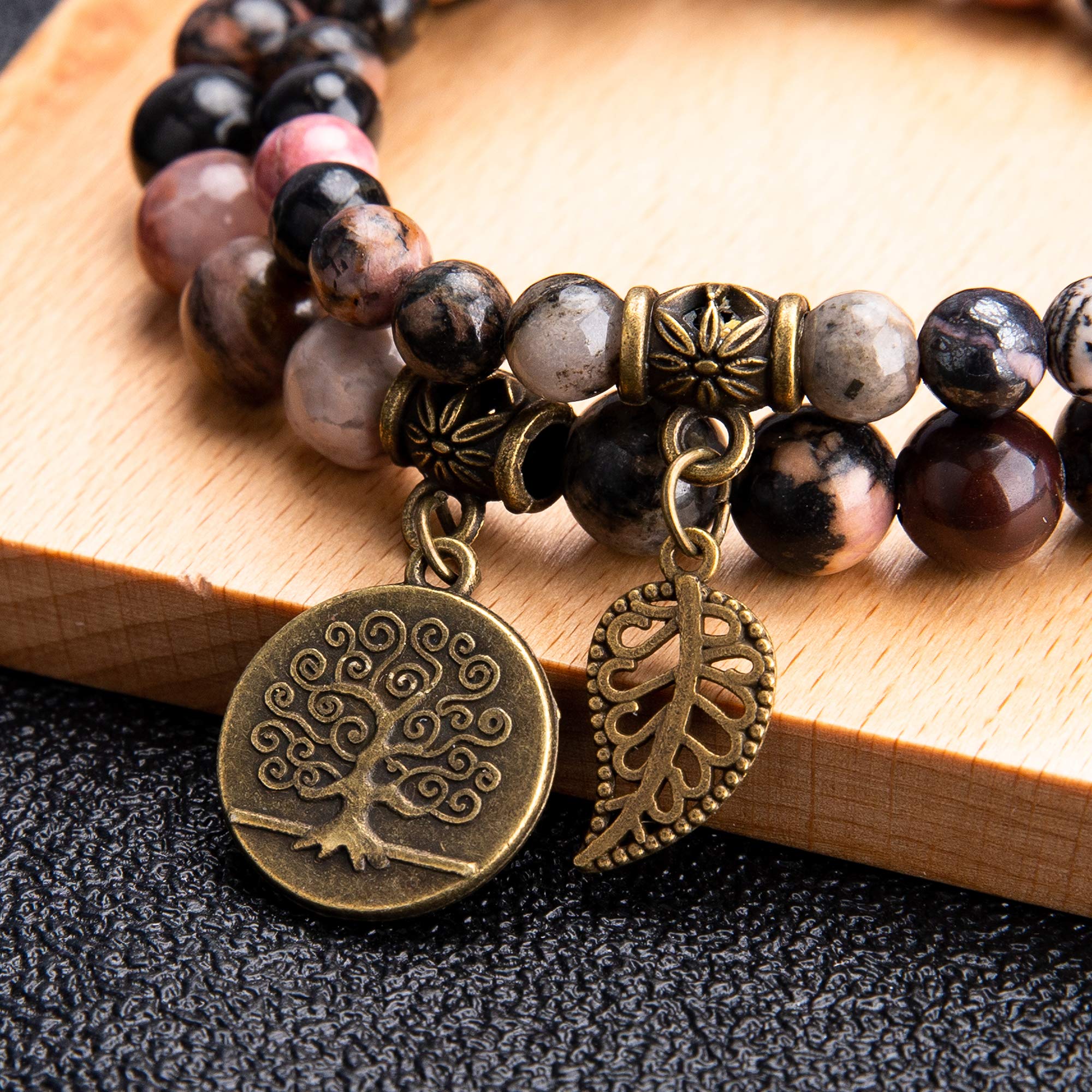 Farfume Chakra Bracelet En Pierre Naturelle - Bracelet Perles Naturelles Femme-Ensemble De Deux Bracelets Avec Accessoires Arbre De Vie Et Feuille