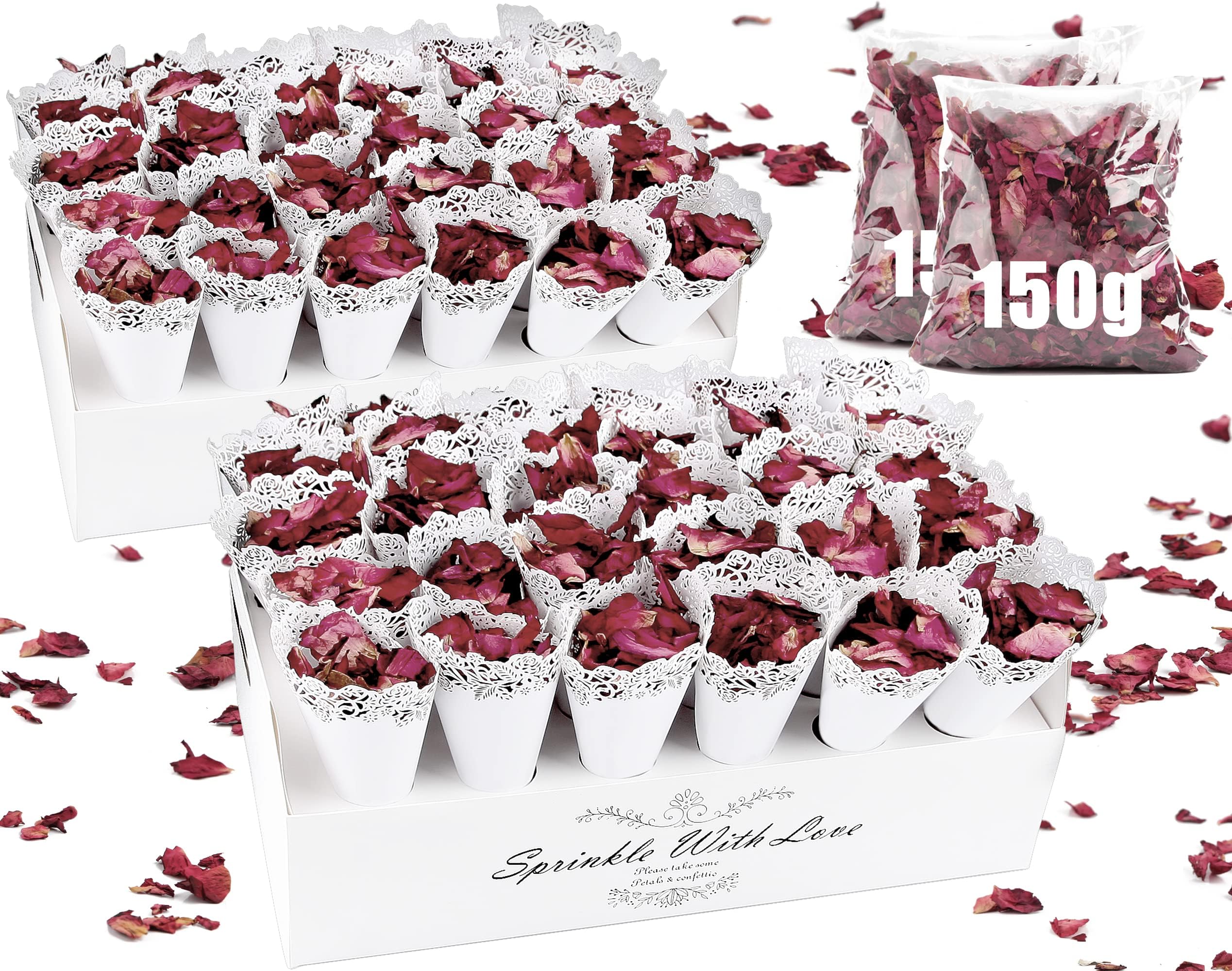 Mbsomnus Confeti para Boda Biodegradable Set - 300g Petalos de Rosa, 60 Piezas Conos Arroz Boda, 60 Agujeros Soporte Conos - Decoración para Fiesta Cumpleaños Aniversario Ceremonia