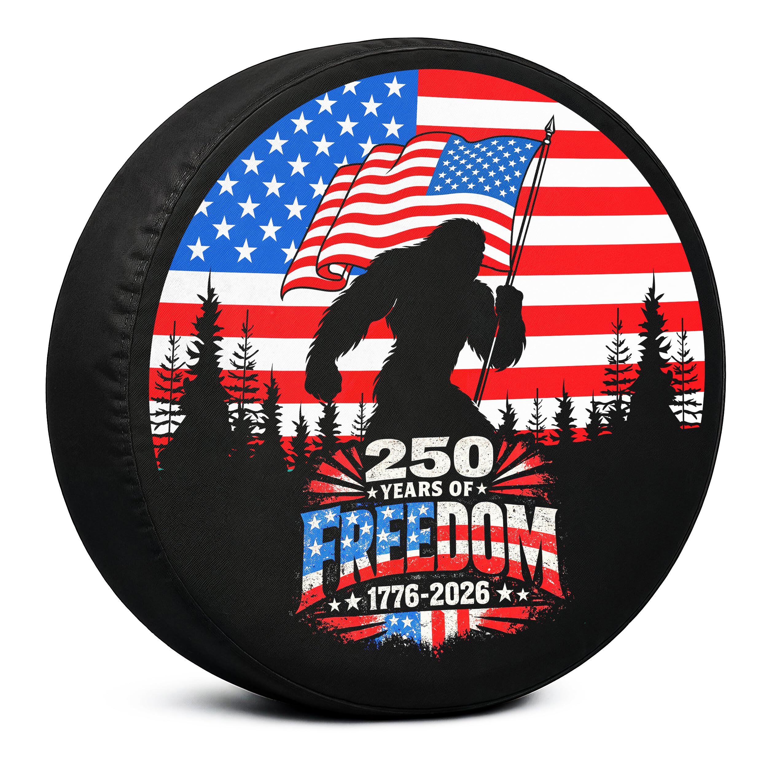 Bigfoot American Flag Spare Tire Cover, 250 Years of Freedom 1776-2026 Waterproof Tire Cover Fits Jeep RV Trailer SUV, Funny Outdoor Decoration Gift
