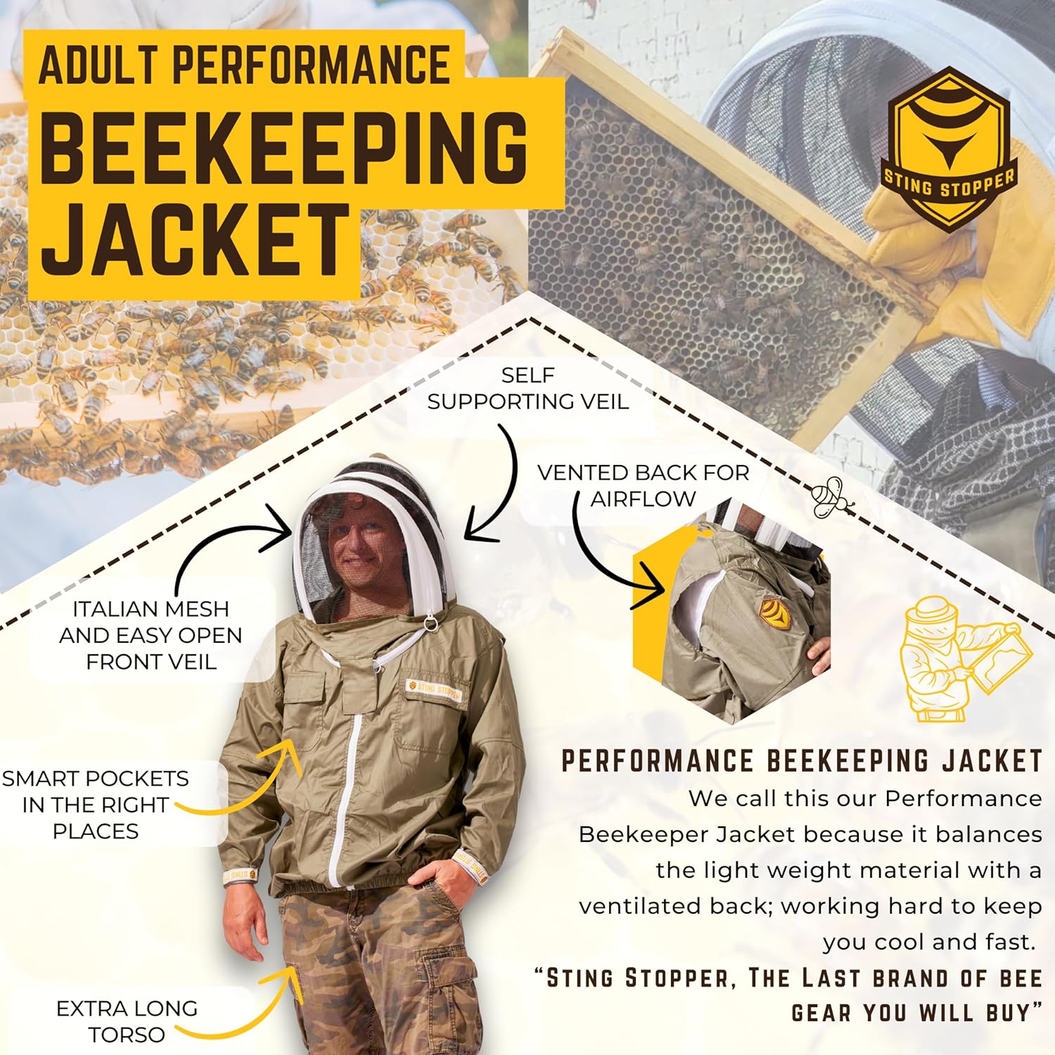 Performance Beekeeping Jacket - Ultra Light Weight, UV Protection and Ventilated, Quick on and Off Design with Velcro and Elastic Cuffs for Beekeepers - X-Large, Olive Green