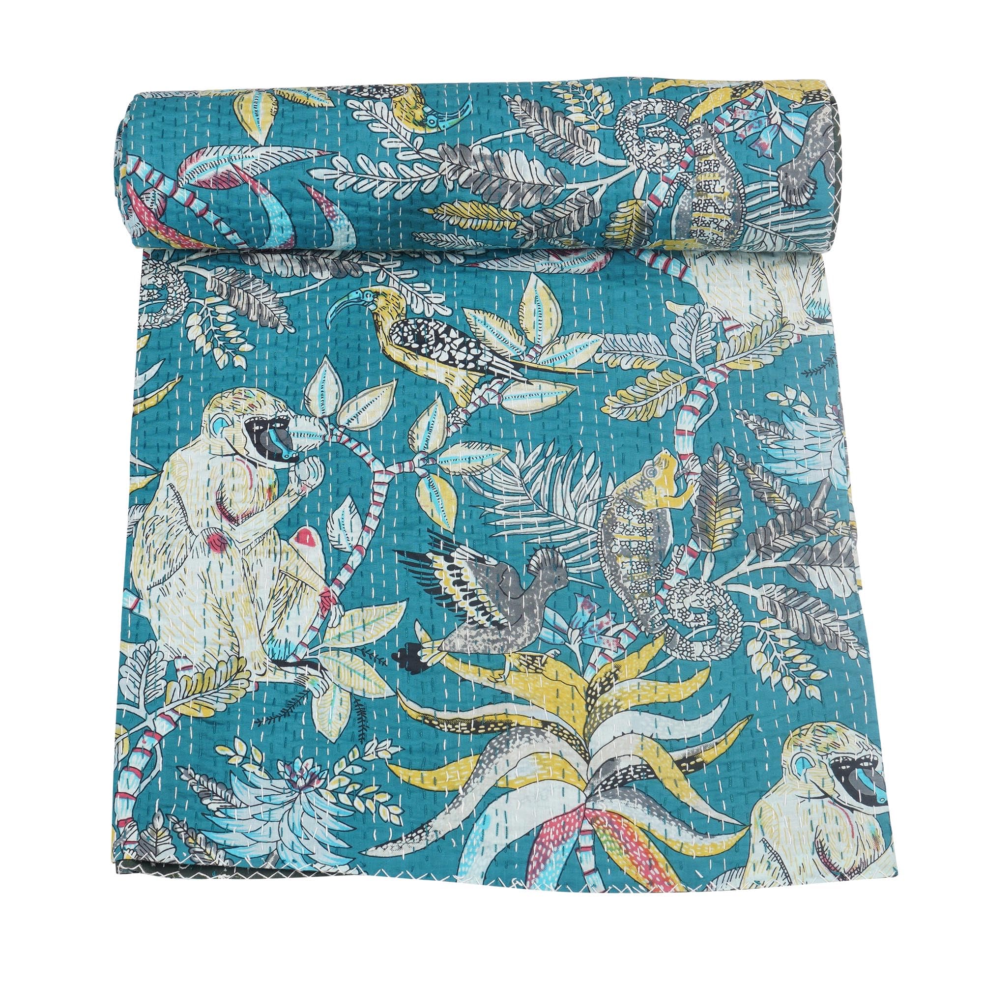Photo 1 of Marubhumi Indian Handmade Kantha Quilt, Queen, Teal