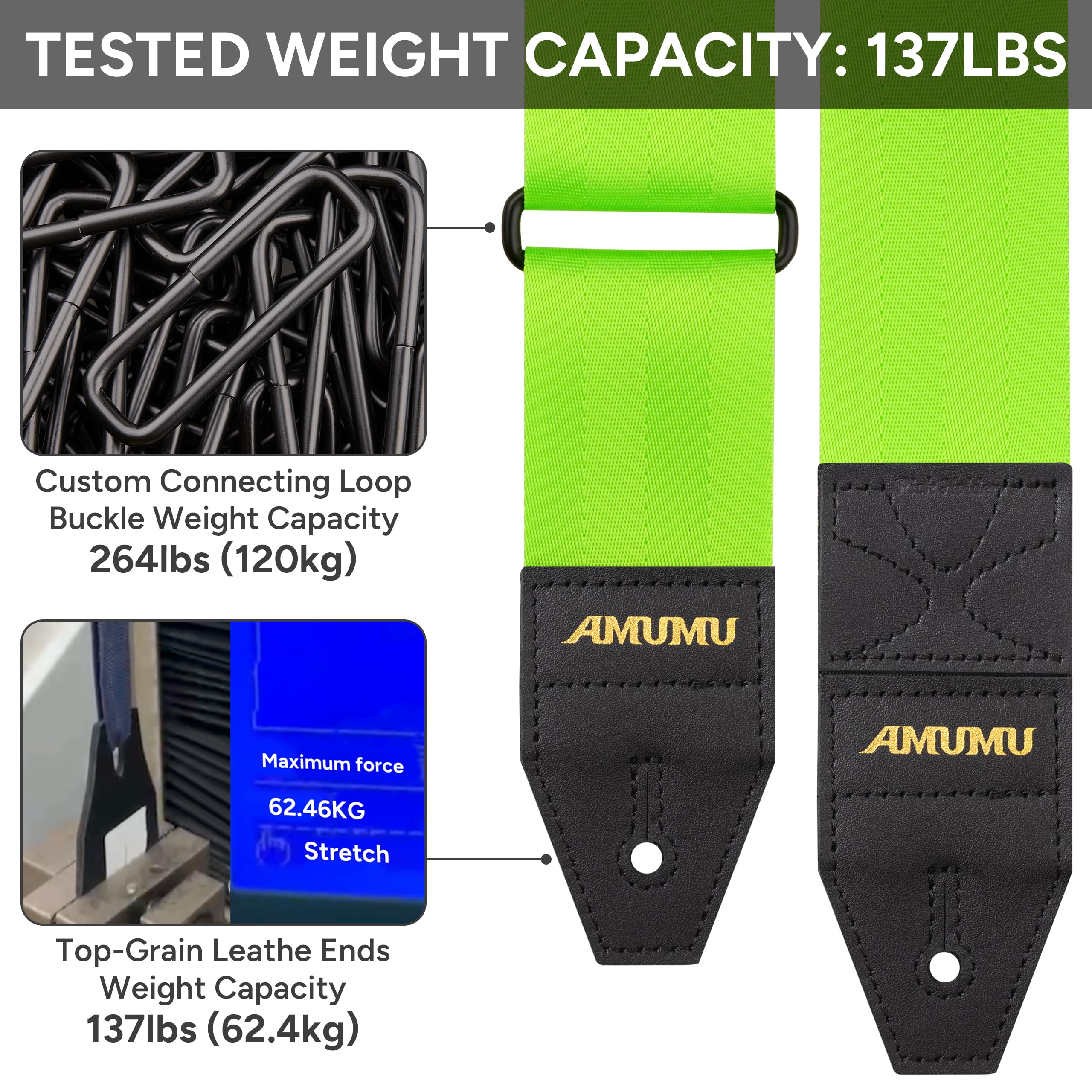 Amumu DURALINK Nylon Seatbelt Guitar Strap with Top Grain Leather Ends for Acoustic, Electric, Bass Guitar, with Quick-Fetch Pick Holder -Neo Green