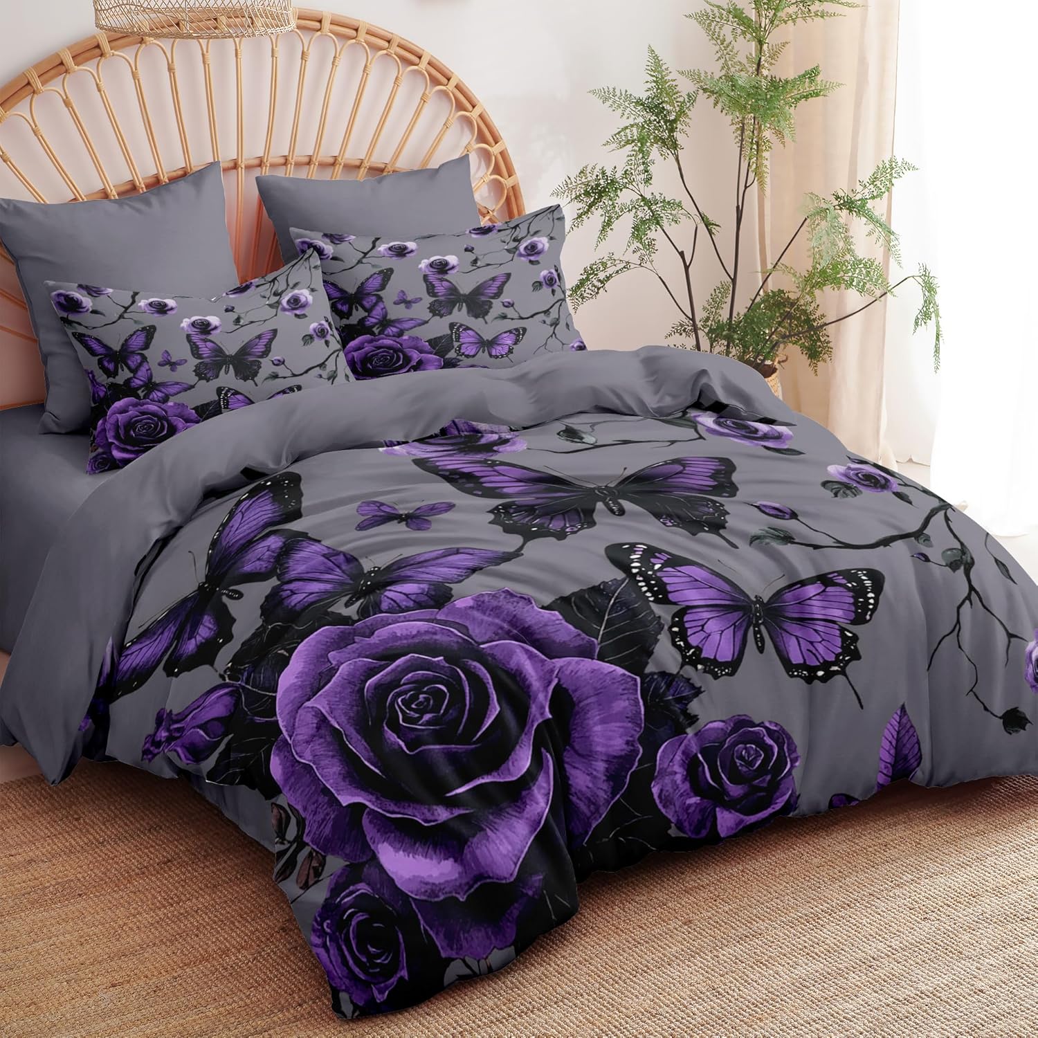 Purple Rose Comforter Set King Size, Vintage Floral Butterfly Bedding Set on Dark Grey Back, 3Pieces Soft Microfiber Summer Bed Set with 2 Pillowcases/104 * 90