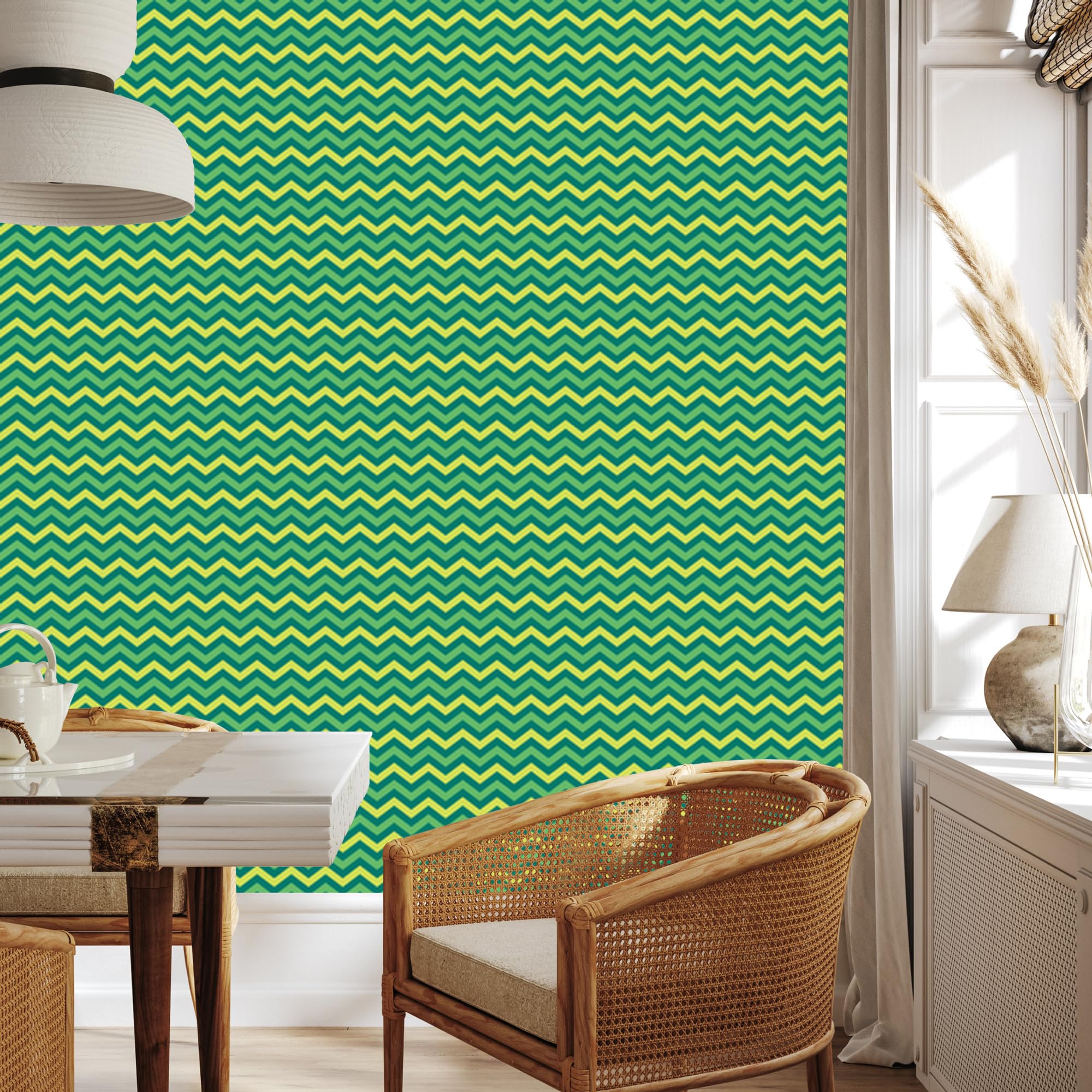 Vliestapete Zickzack – Grün und Petrol 50 x 1000 cm | Ausdrucksstarke Bildgestaltung; Charaktervoller Raumschmuck; Harmonische Akzentfläche; Kleister im Set