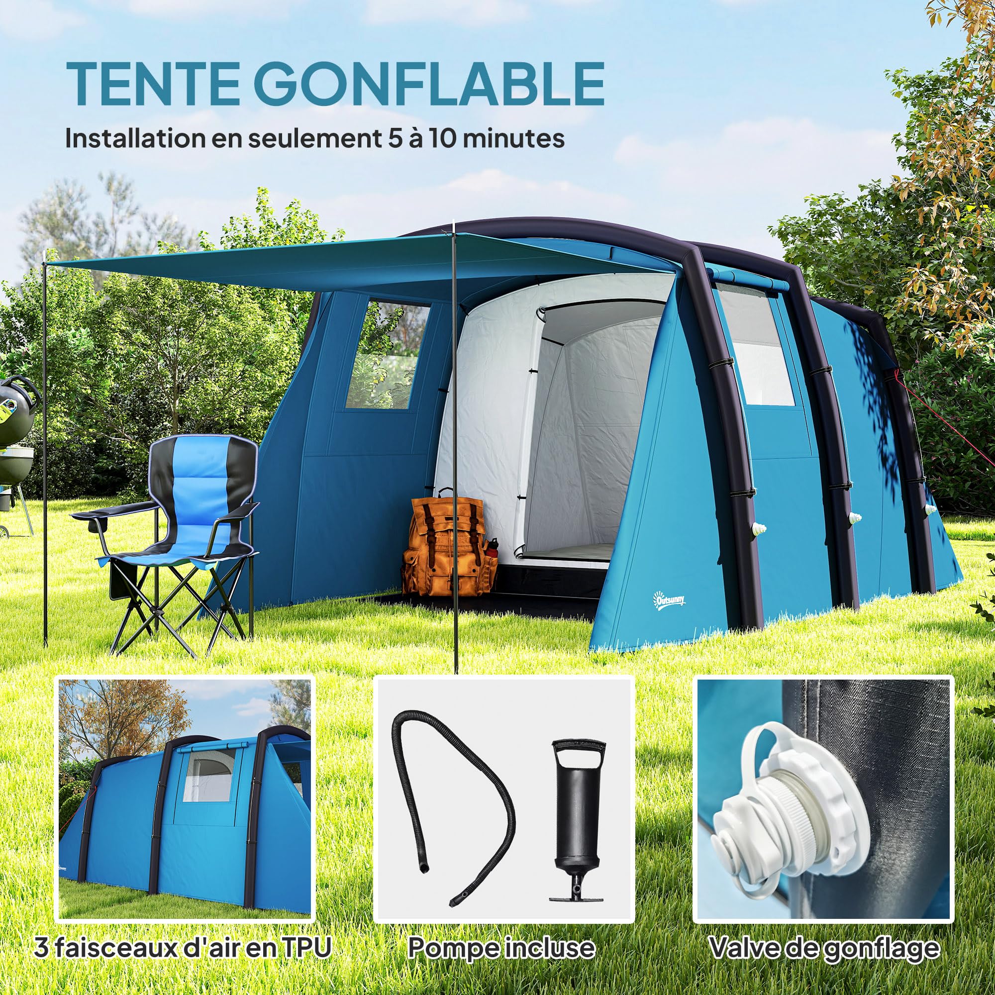 Outsunny Tente de Camping Gonflable Tente Gonflable Tunnel 3 à 6 Personnes avec Chambre à Coucher, Salon et Porche Pompe à Air Sac de Transport Inclus Montage Rapide 420 x 200 x 150 cm Bleu