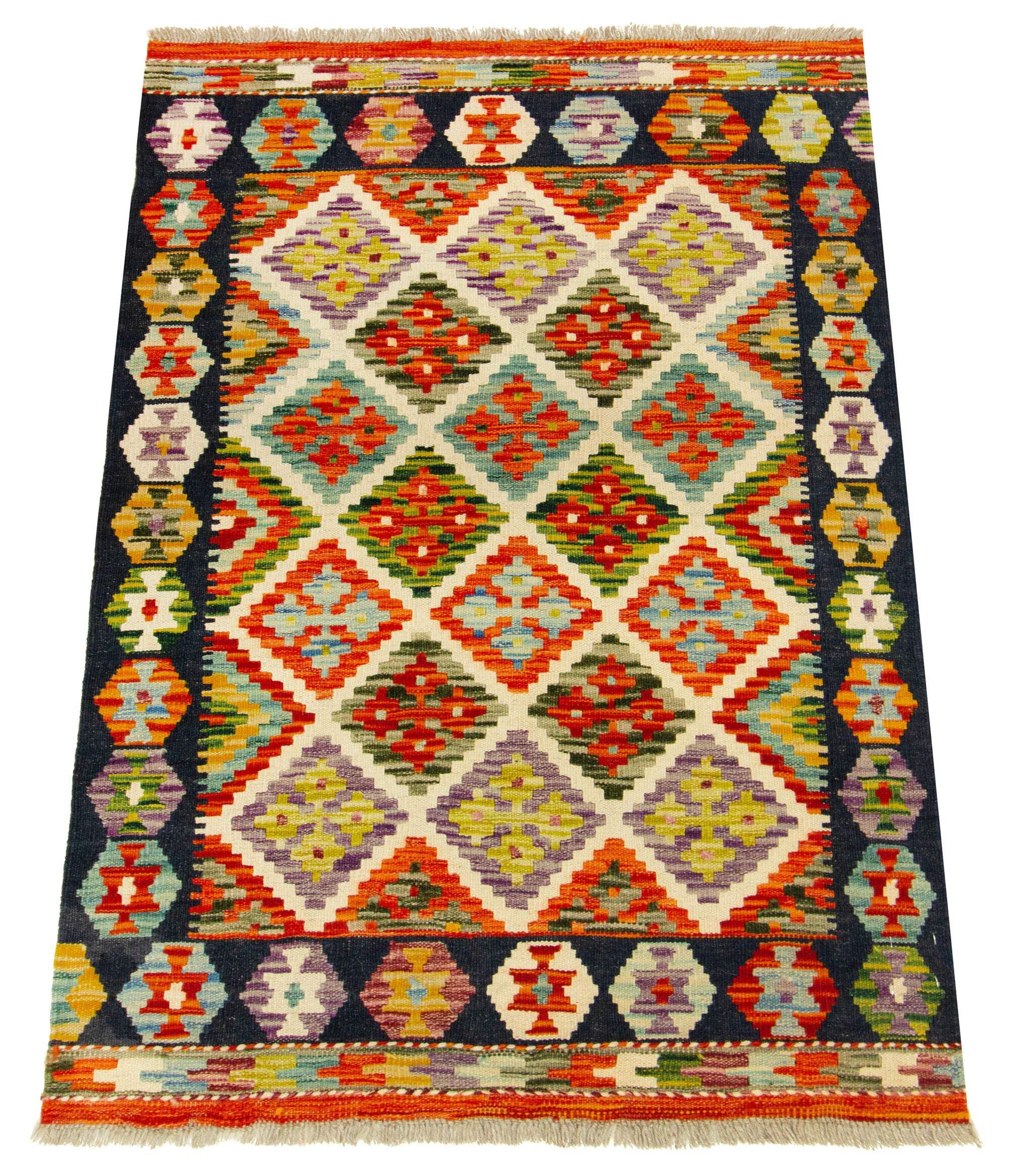 Kilim Tapis 100 % laine 122 x 84 cm, fait à la main, pièce unique de style Herat Boho multicolore, tissage plat, tapis d'entrée et chambre