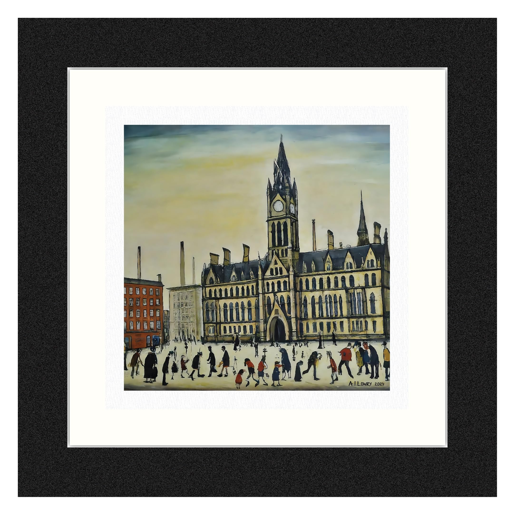 Greetingles Lowry-Style 12"/31cm Square Framed Print. Beautiful Black Ash Frame (Lowry, Manchester Town Hall) — image 1