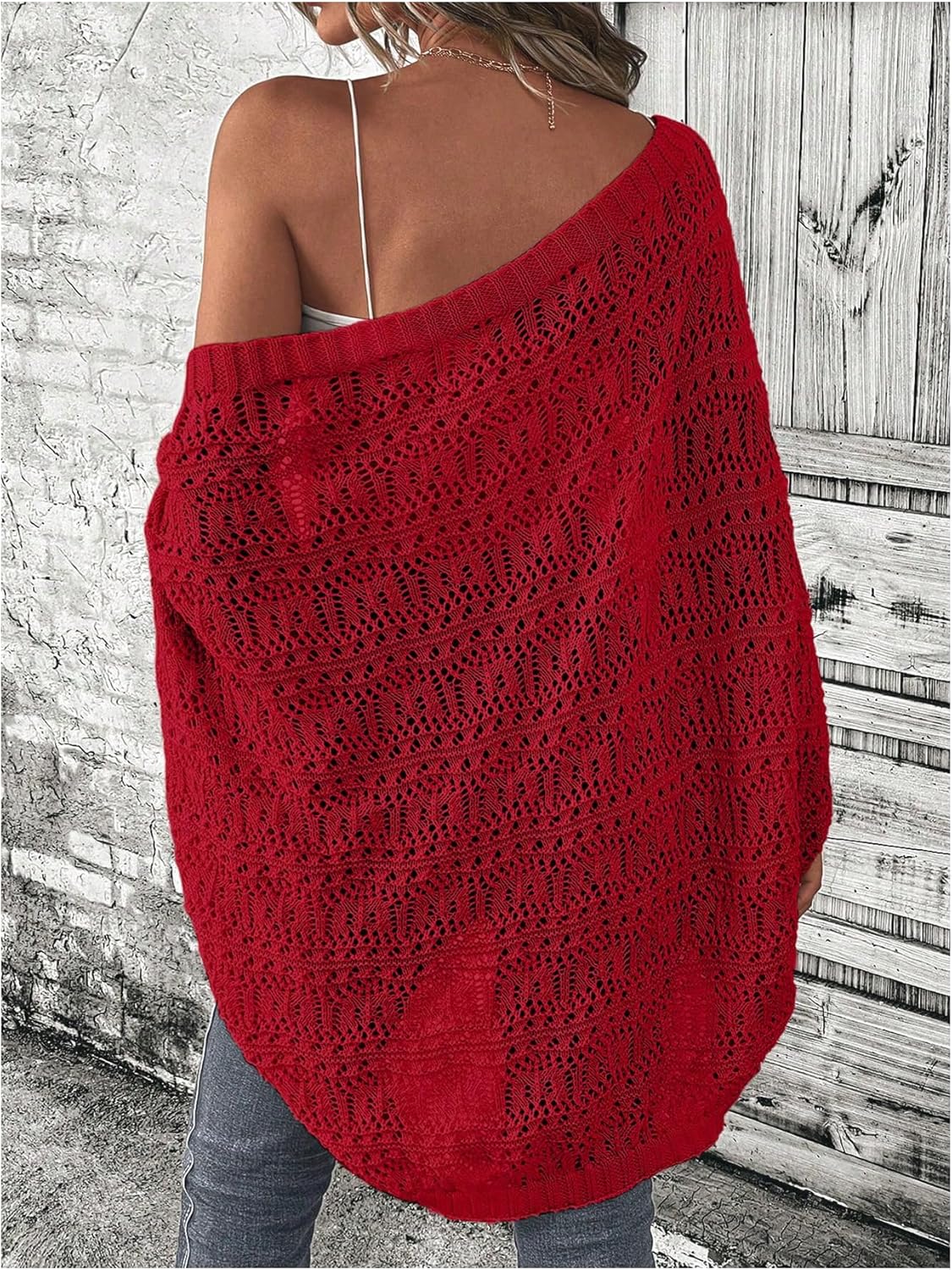 SHENHE Women's Open Front Loose Hollow Out Casual Dolman Sleeve Asymmetrical Cardigan Sweater Spring Outerwear - Image 2