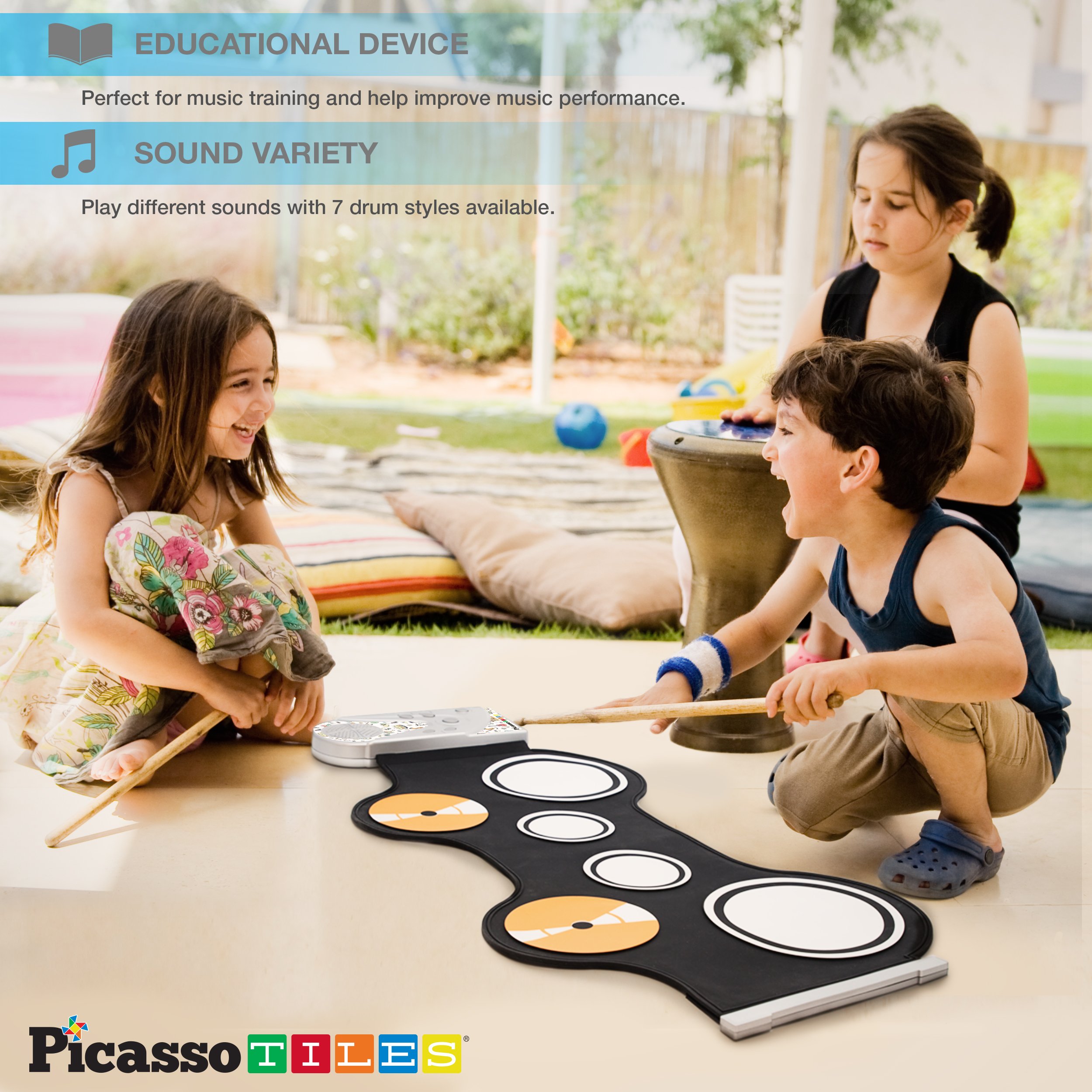 PicassoTiles PT50 Portable Kids Roll Up Electronic Drum Set, 7 Drum Pads, Recording, Headphone Jack, Built-in Speaker, Educational Demos