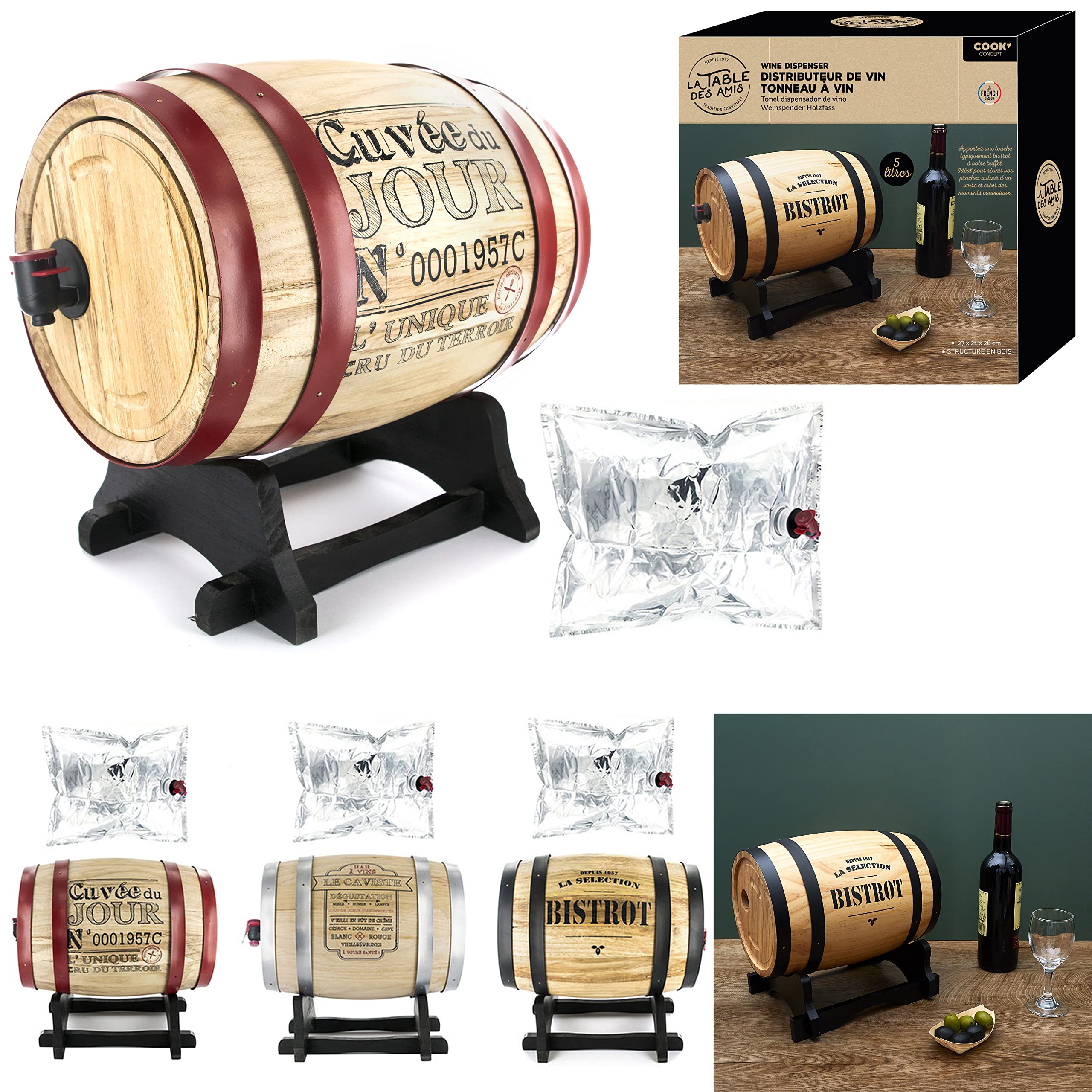 Totally Addict KV7166 Fontaine à Boisson Distributeur avec Robinet Cave Tonneau de Vin Bois et Métal Beige et Gris ou Noir ou Rouge H27 21 x 26 cm