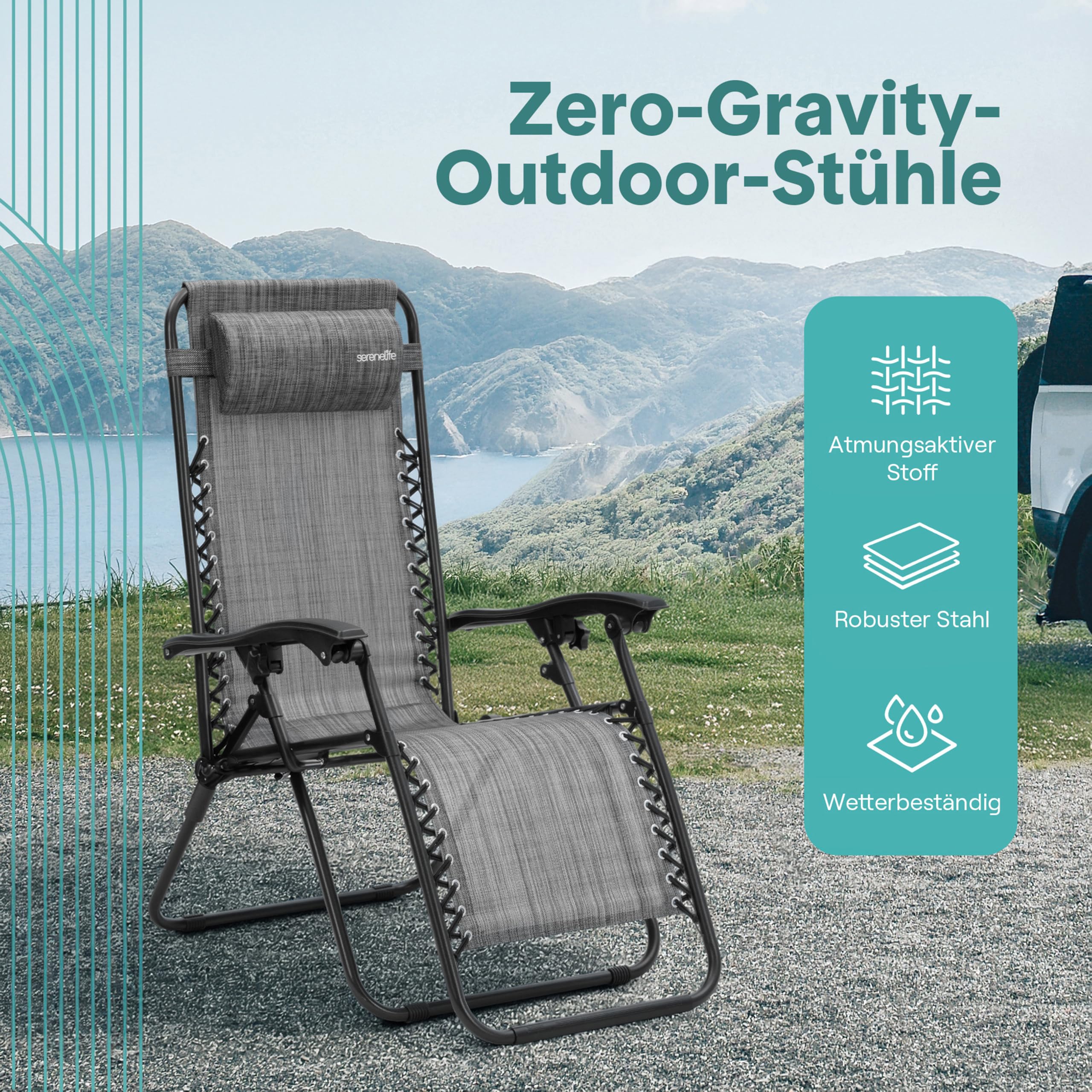 SereneLife Sonnenliege Klappbar 2er Set mit Tisch, Zero Gravity Liegestuhl Garten, bis 120 kg Grau, Verstellbar und Wetterfest, mit Getränkehalter und Kopfkissen, für Balkon Strand Camping