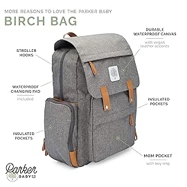 Parker Baby Co. Diaper Backpack - Large Diaper Bag with Insulated Pockets, Stroller Straps and Changing Pad -Birch Bag - Gray