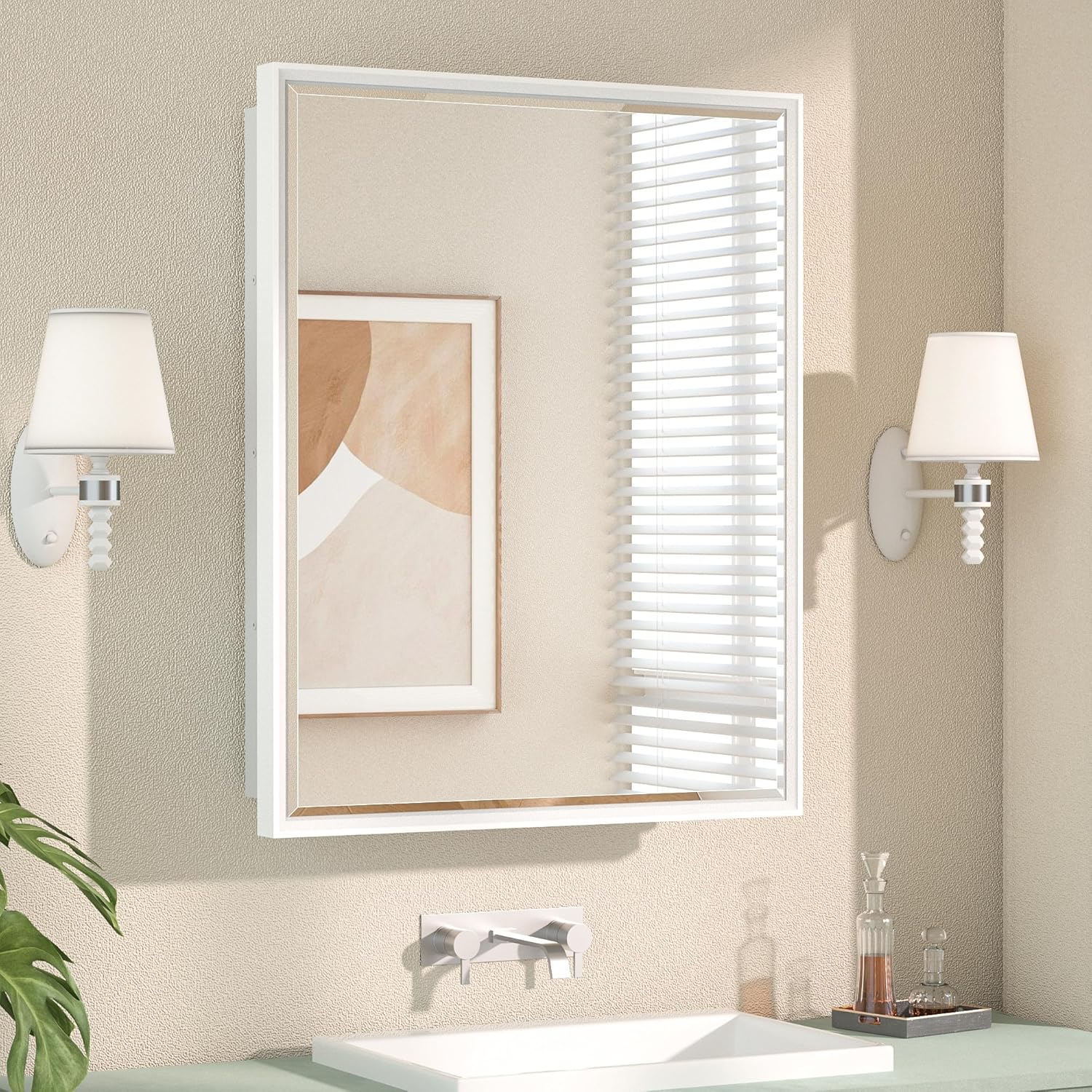 Keonjinn 24” x 30” White Bathroom Medicine Cabinets with Mirror Recessed or Surface Wall-Mounted Aluminum Alloy Metal Framed Beveled Bathroom Mirror, Large Single Door Farmhouse Storage Cabinet Mirror White Mirror: 24x30 IN