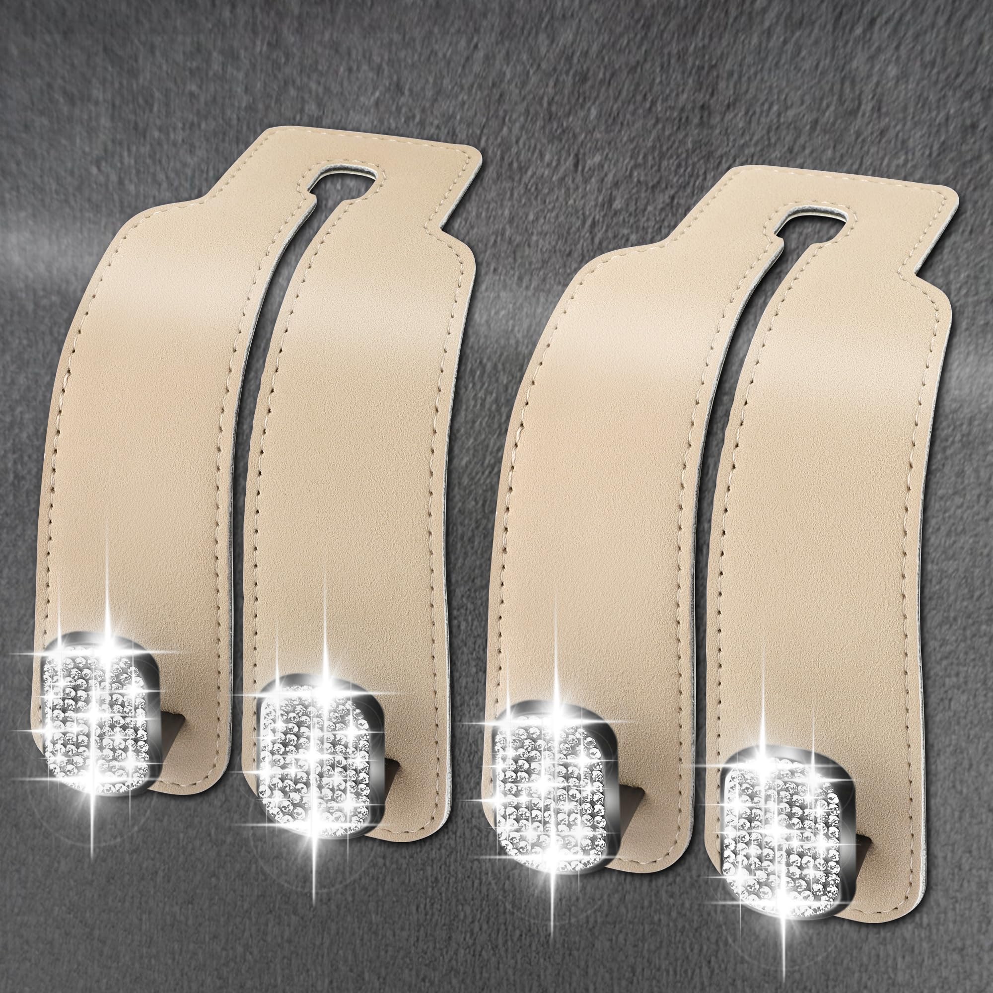 Amelity Bling Car Seat Headrest Hooks, Hook for Purse in Car, Purse Hook for Car Headrest (2 Pack, Beige)