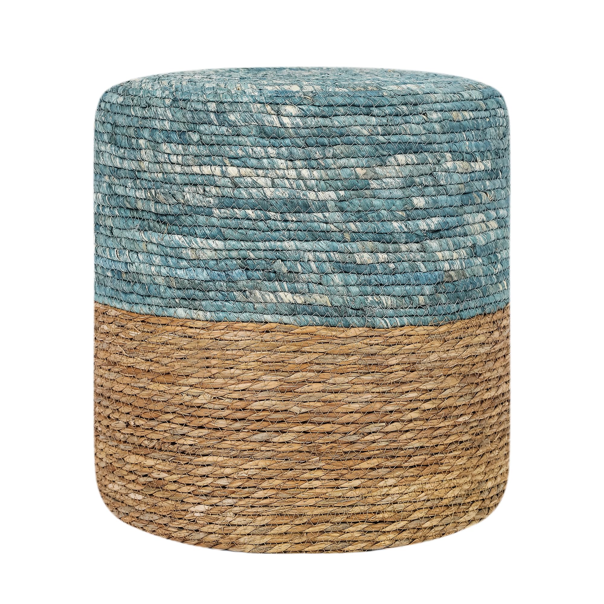 Adeco Patio Pouf Ottoman, Hand Woven Straw Rattan Indoor Outdoor Footstool, Boho Round Poufs Footrest Floor Chair Decorative Seat for Living Room,