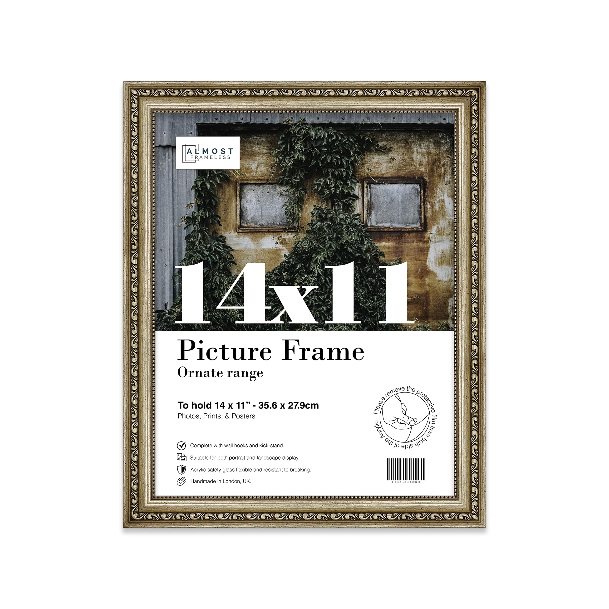Almost Frameless 14x11 Champaign Ornate Picture Frame 14"x11"(35.6x27.9cm) Poster, Photo, Artwork, or Print. Elegant Style Portrait and Landscape Display with Wall Hooks